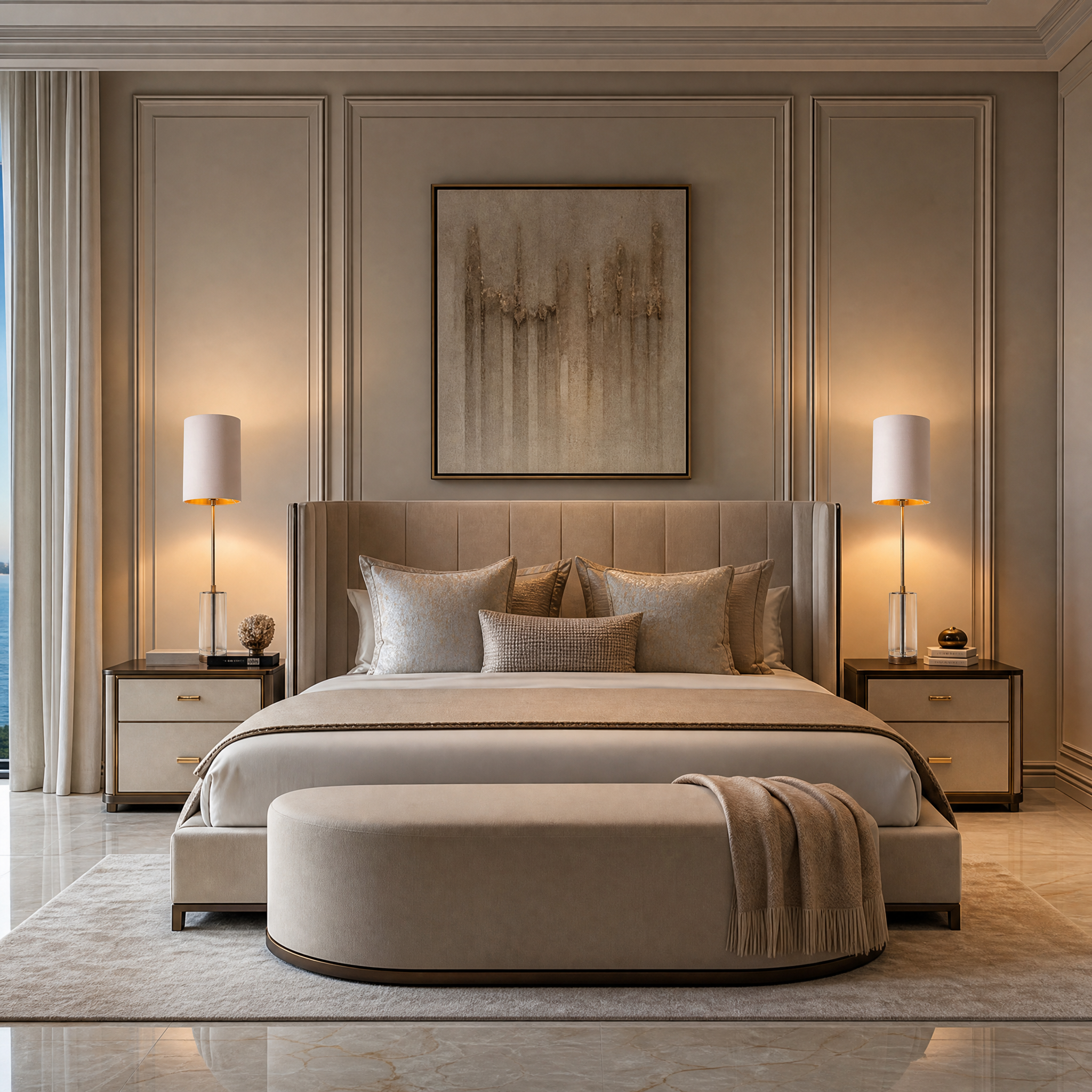 VORELLI Renvaro brass table lamp with a soft fabric shade illuminating a luxury residential living room side table.