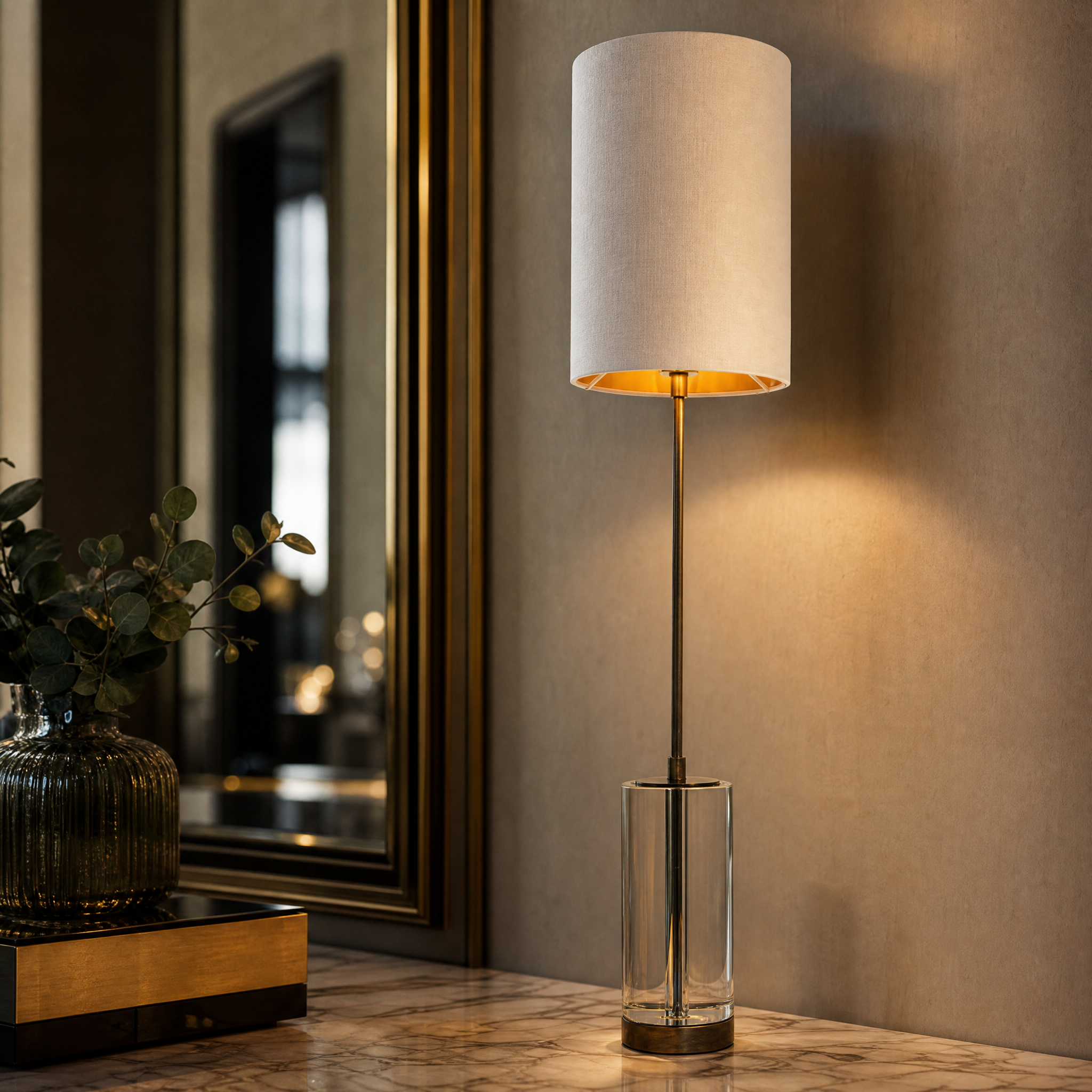 Macro closeup of the VORELLI Renvaro table lamp showing the premium clear crystal base and refined antique brass stem.