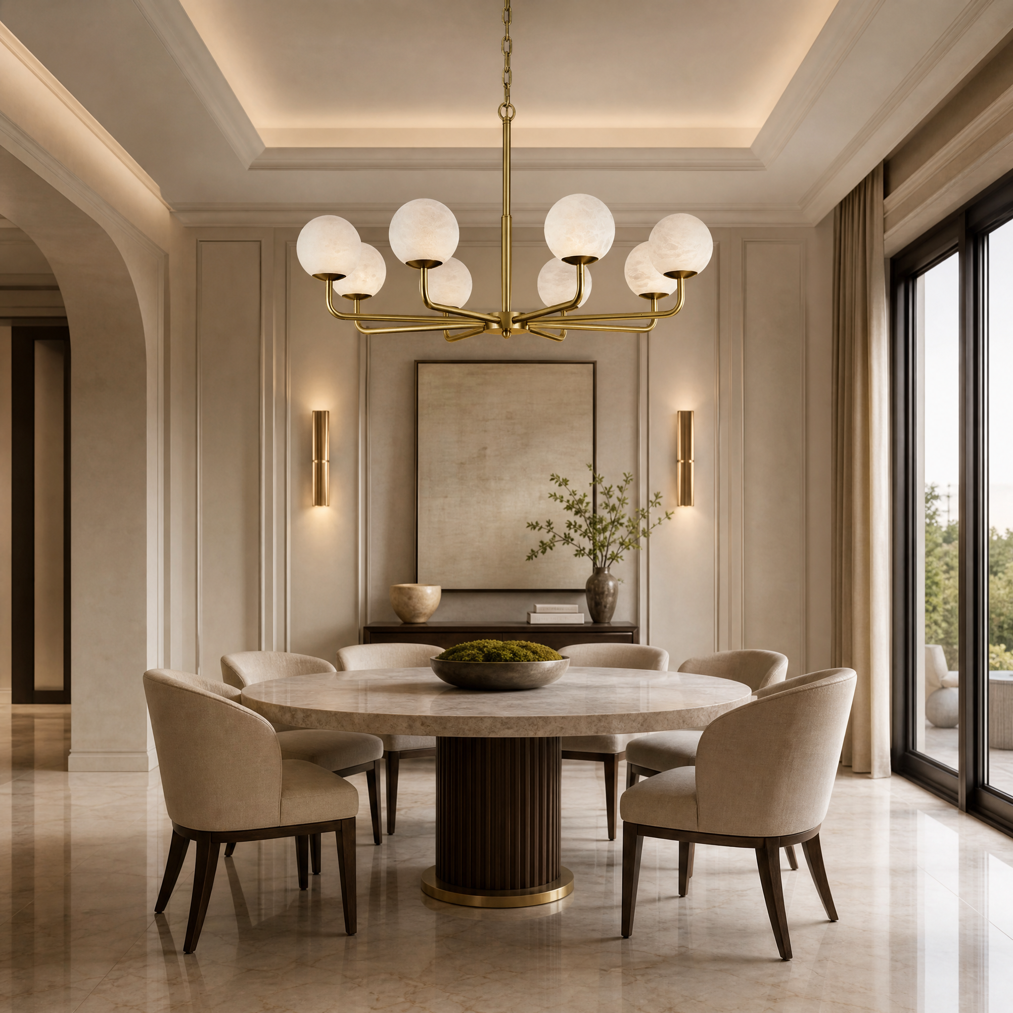 VORELLI Ricco marble circular chandelier casting a warm, captivating glow over a high-end residential living room interior with modern luxury decor.