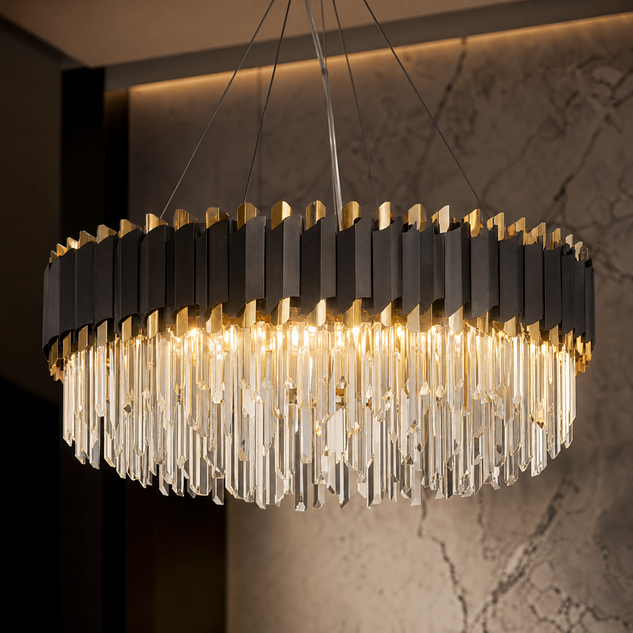 Close-up detail of the luxury VORELLI Richmond circular chandelier showcasing its graceful crystal bars and refined classical frame.
