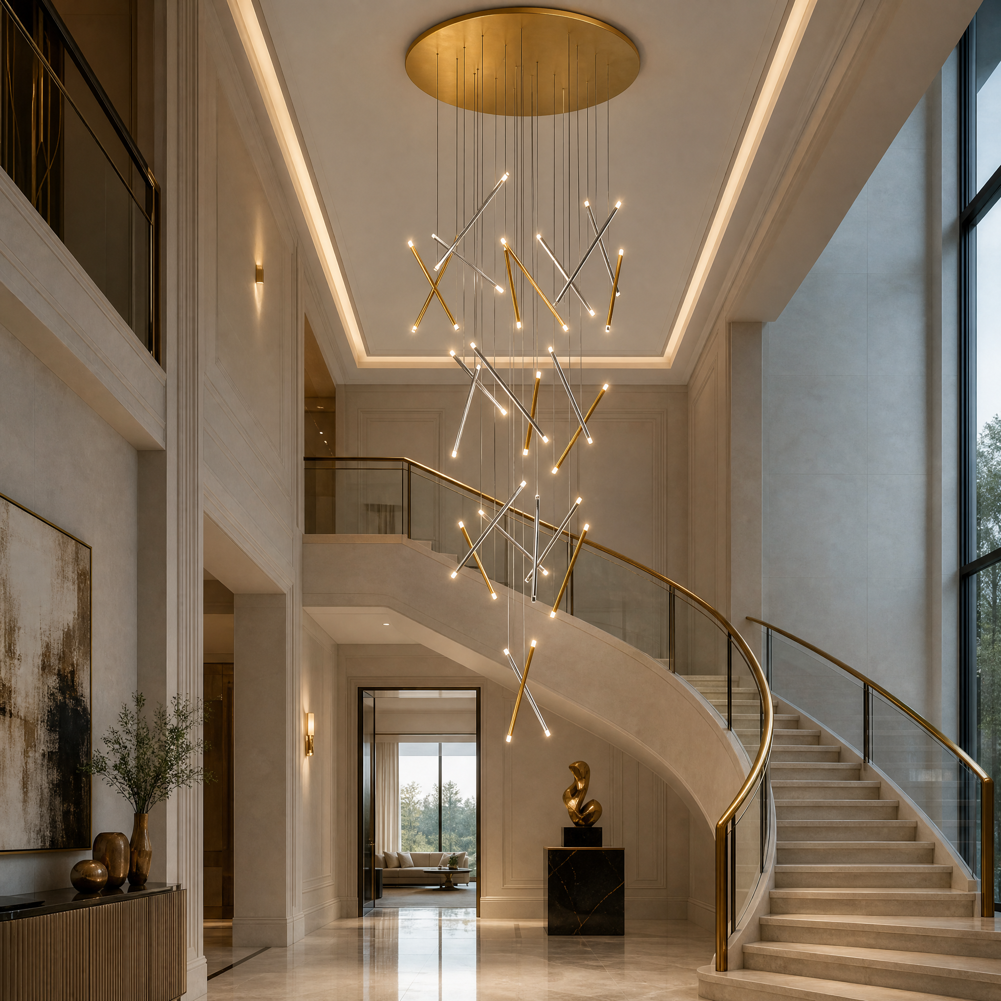 VORELLI Rizzano modern staircase chandelier featuring cascading pendant tubes in a contemporary residential double-height foyer luxury home setting.