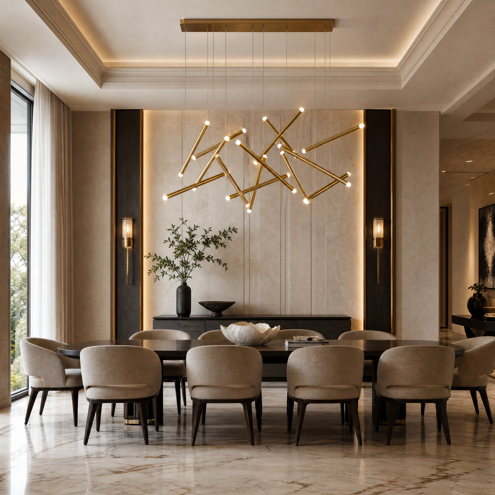 VORELLI Rizzano rectangular chandelier suspended above a contemporary dining room table, creating an elegant residential interior ambiance.