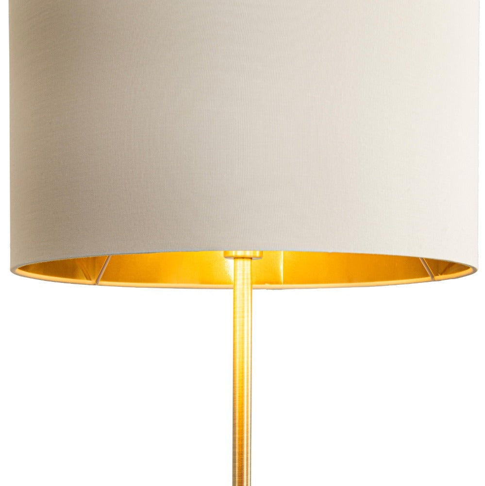 Close up of fabric shade and slender stem on Robyn marble floor lamp