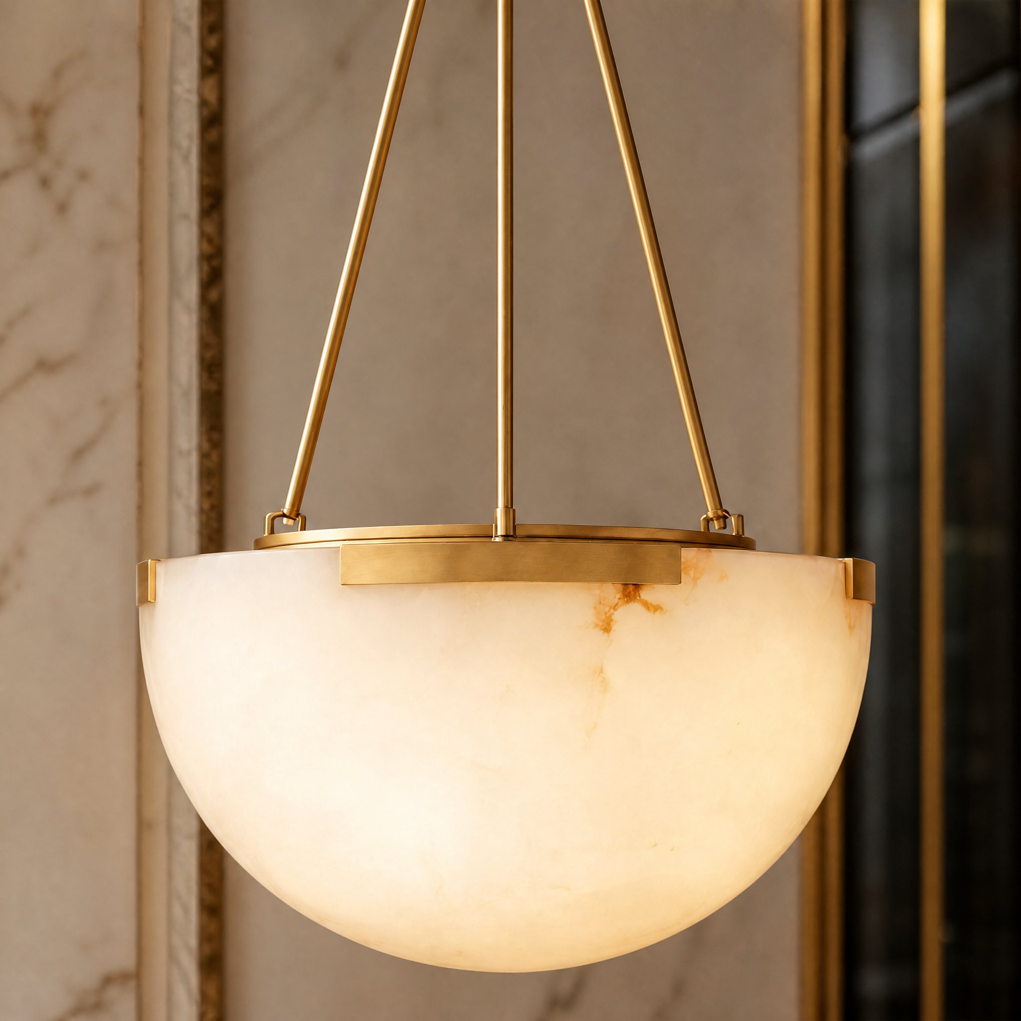 A detailed closeup of the VORELLI Roma pendant light, highlighting the natural veins of the carved marble half-dome and the sleek minimalist metal rods.
