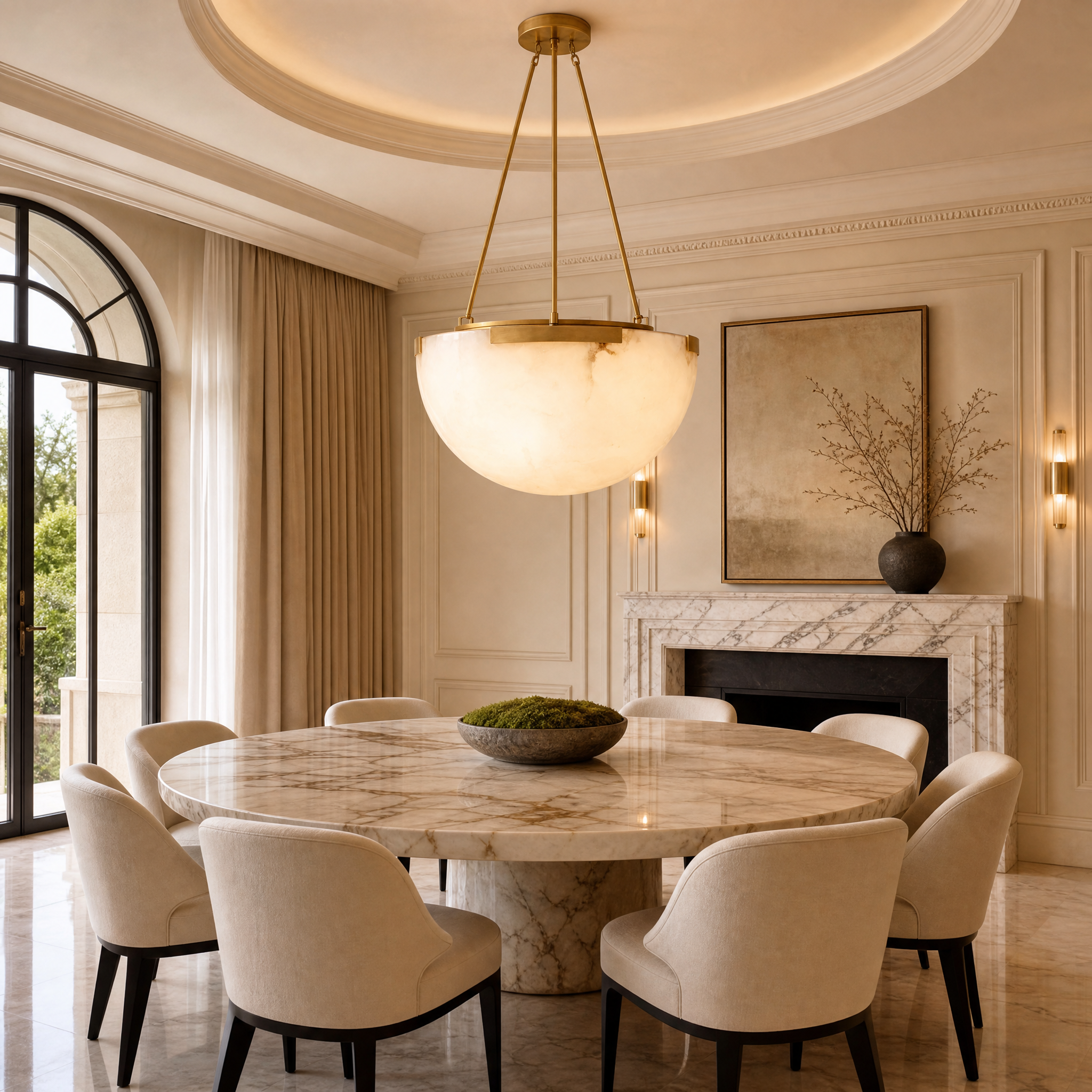 VORELLI Roma marble pendant light suspended above a contemporary dining table in a luxury residential interior, casting a warm and elegant glow.
