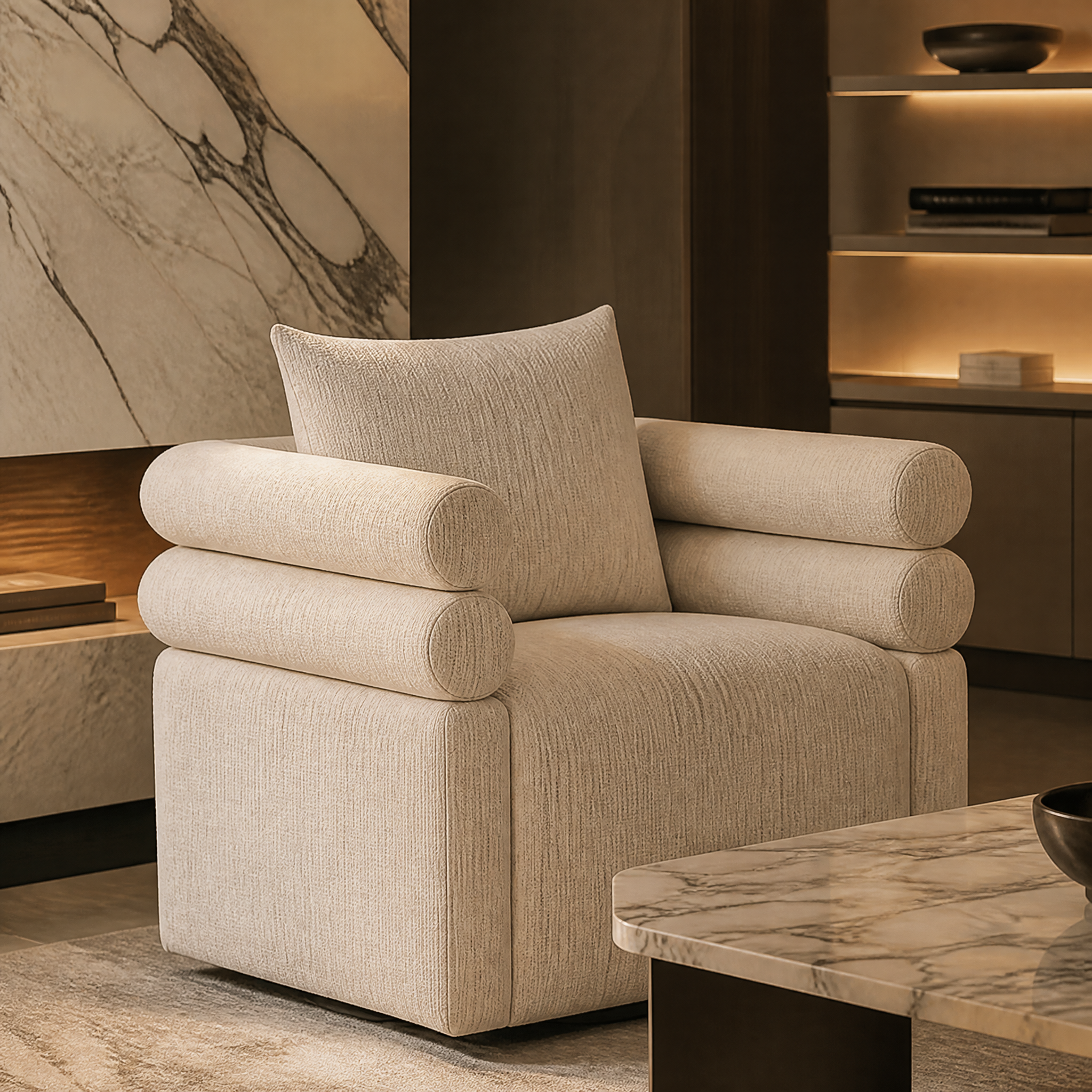 Detailed close-up of the smooth swivel base and soft cream upholstery texture on the VORELLI Ronzio armchair.