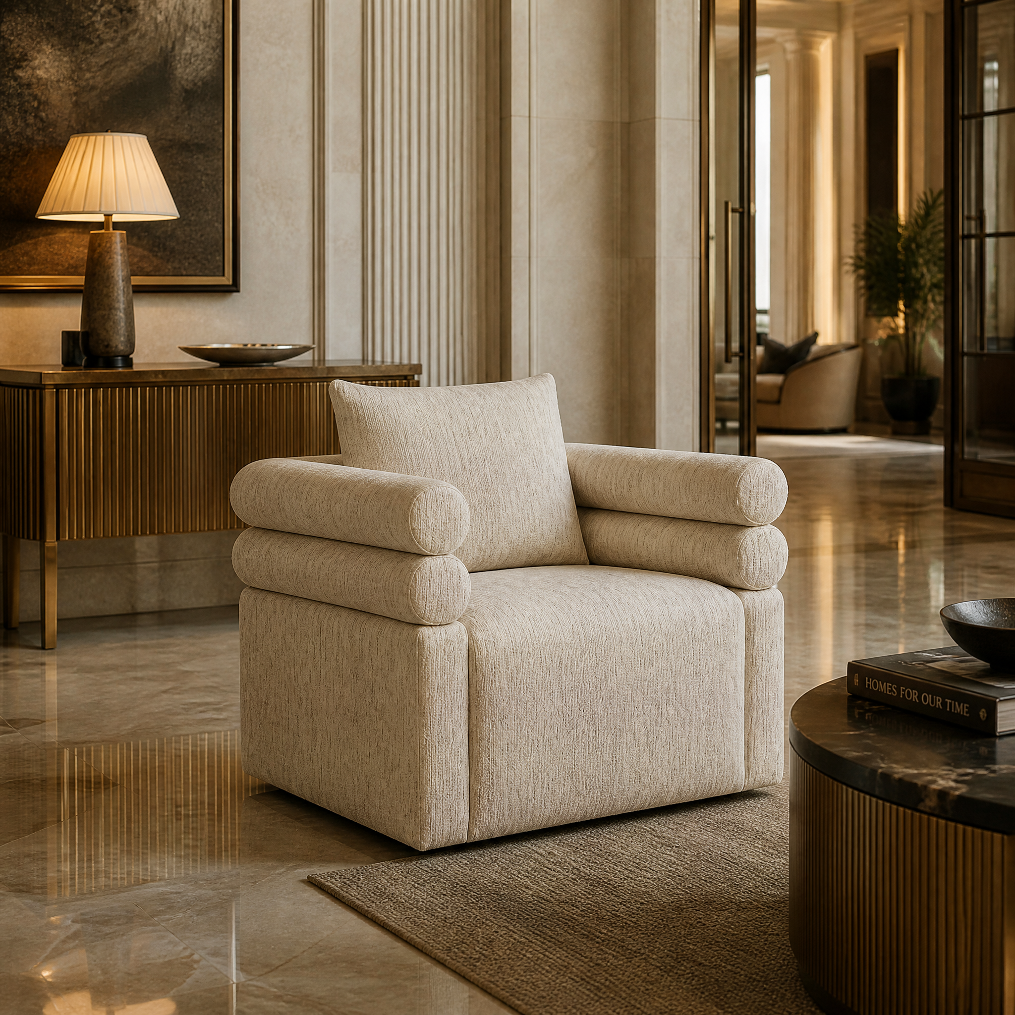 Elegant VORELLI Ronzio cream upholstery swivel armchair in a luxury hospitality lounge or boutique hotel lobby.