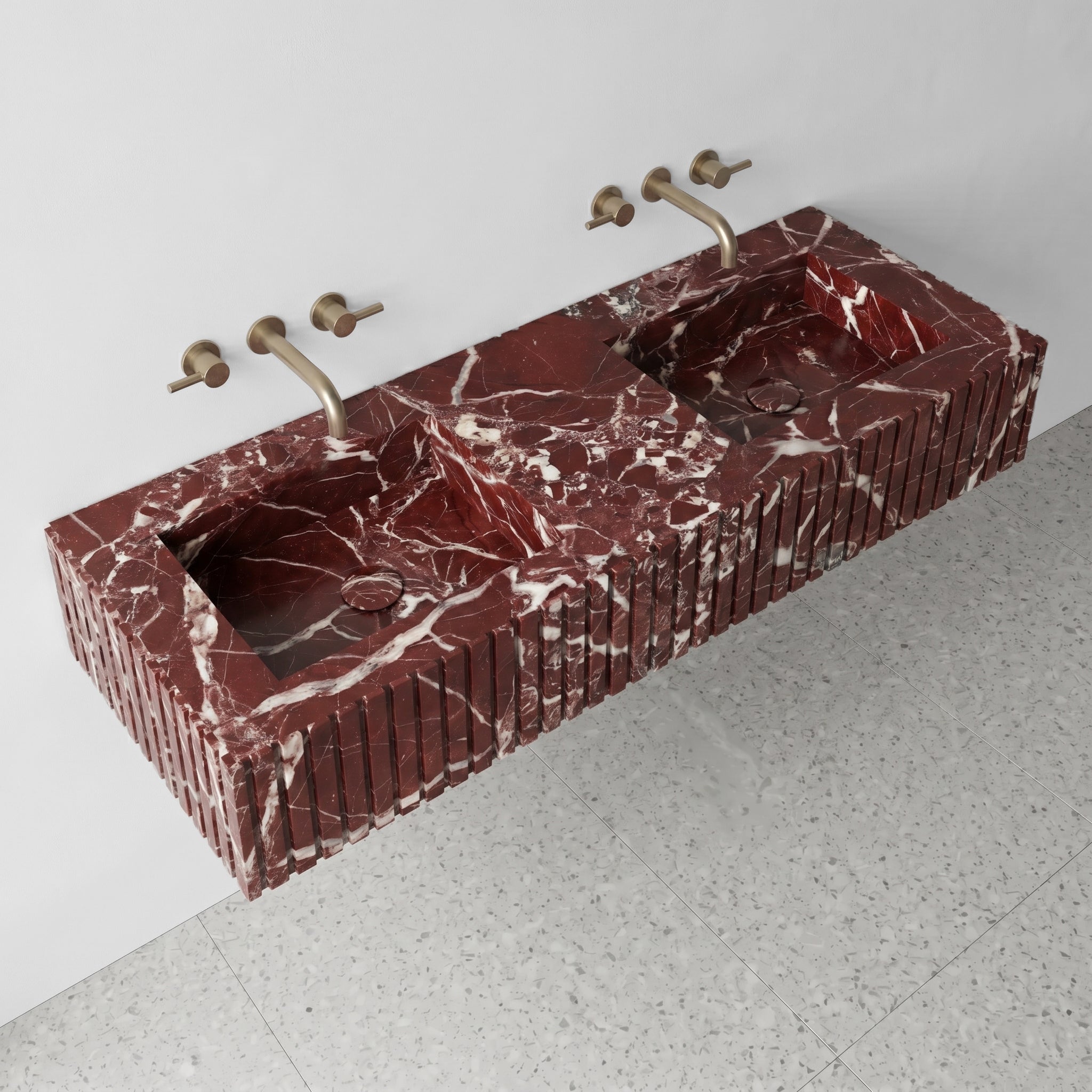 Rosso Levanto Marble Double Sink - Fluted