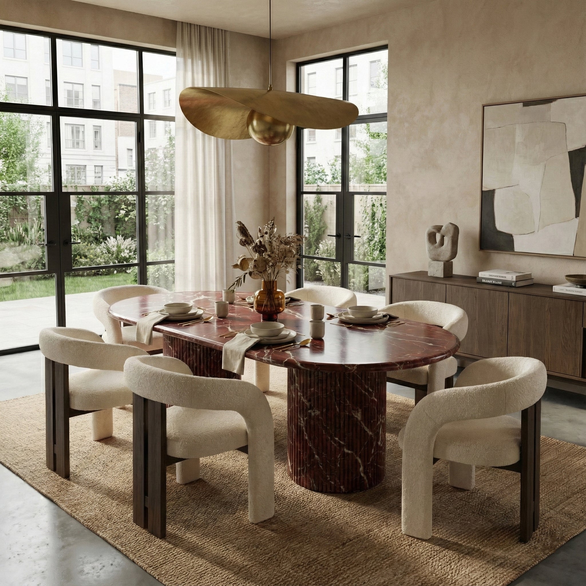 Rosso Levanto Marble Oval Dining Table - Fluted