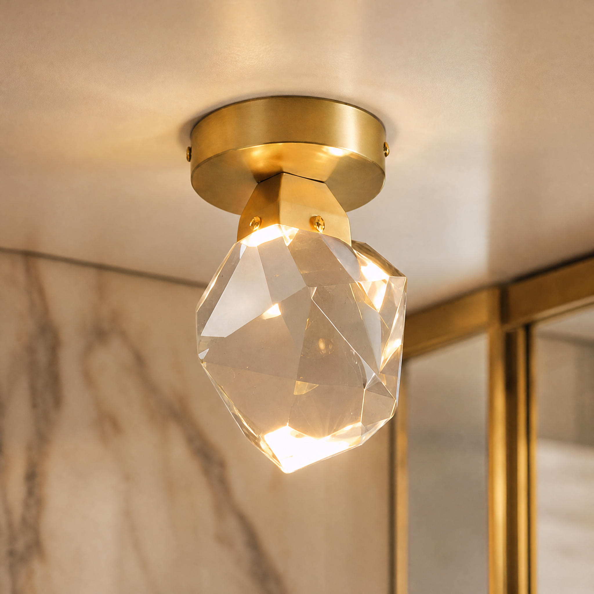 A detailed closeup of the VORELLI Runtz ceiling light showcasing the striking visual appeal and fine details of its dazzling diamond cut crystal sphere.