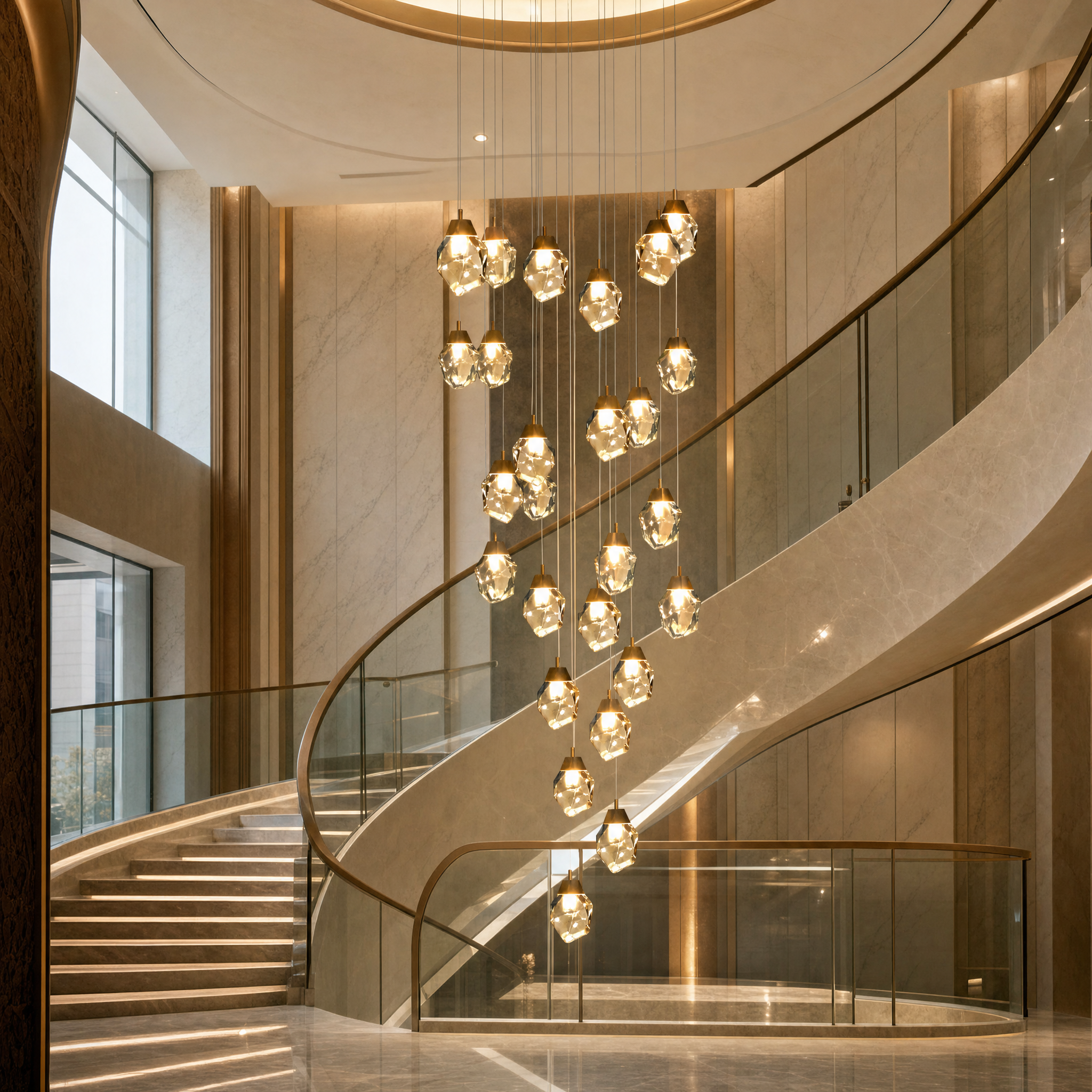Luxurious hospitality interior featuring the VORELLI Runtz staircase chandelier with diamond-cut crystal spheres hanging elegantly in a hotel lobby.