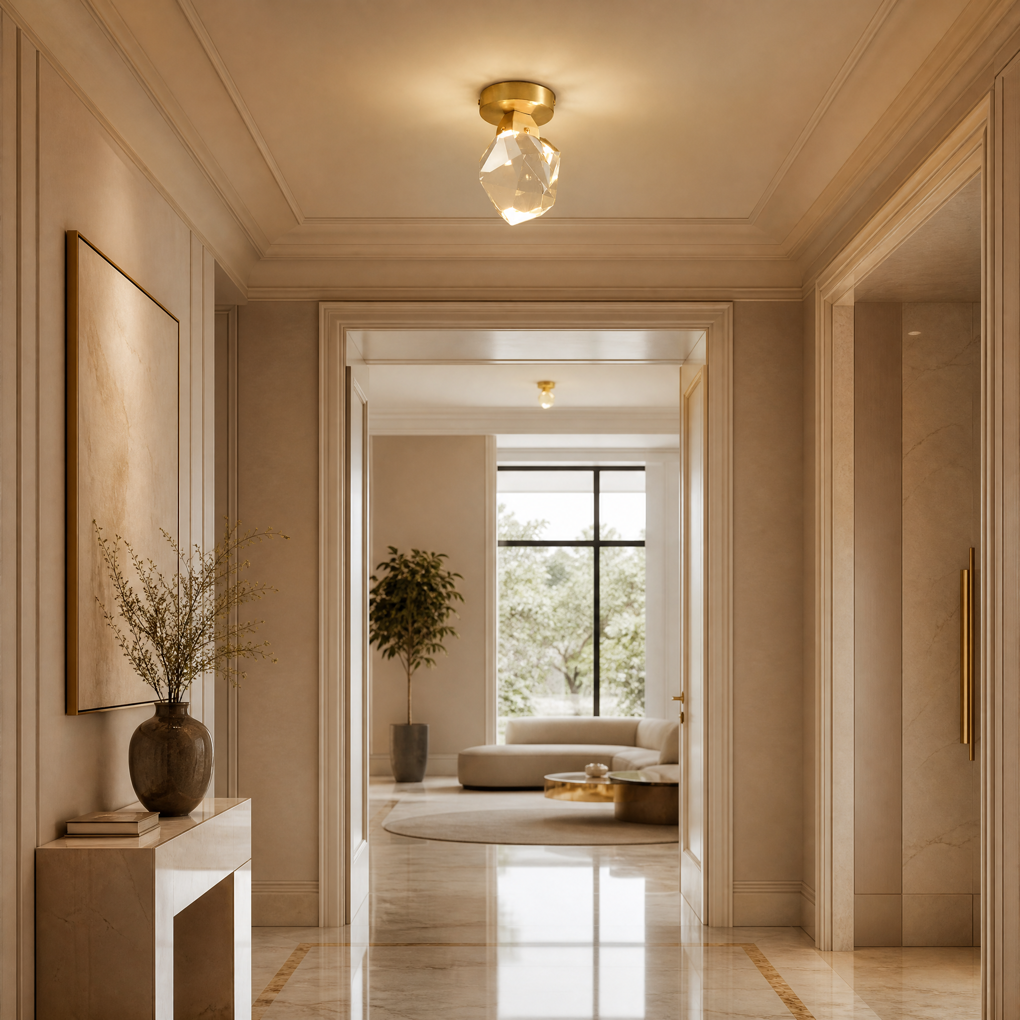 VORELLI Runtz modern luxury ceiling light featuring a diamond cut crystal sphere illuminating a sophisticated residential living room interior.
