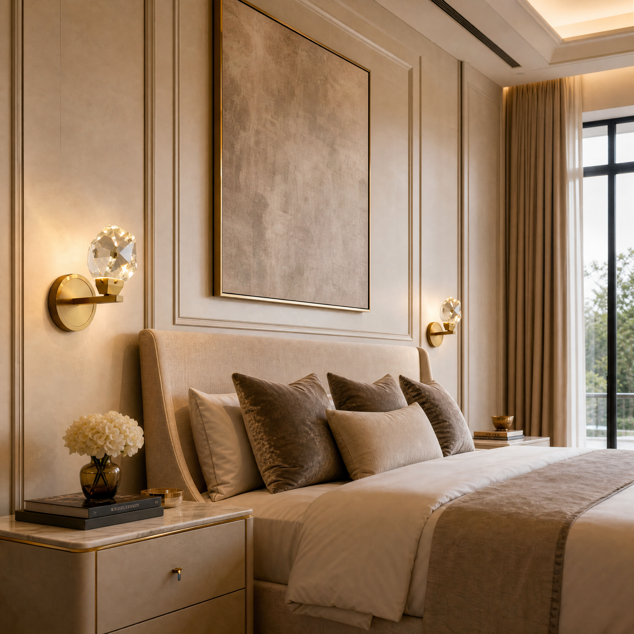 The VORELLI Runtz Wall Light casting a warm, refined glow in a contemporary luxury residential living room setting.