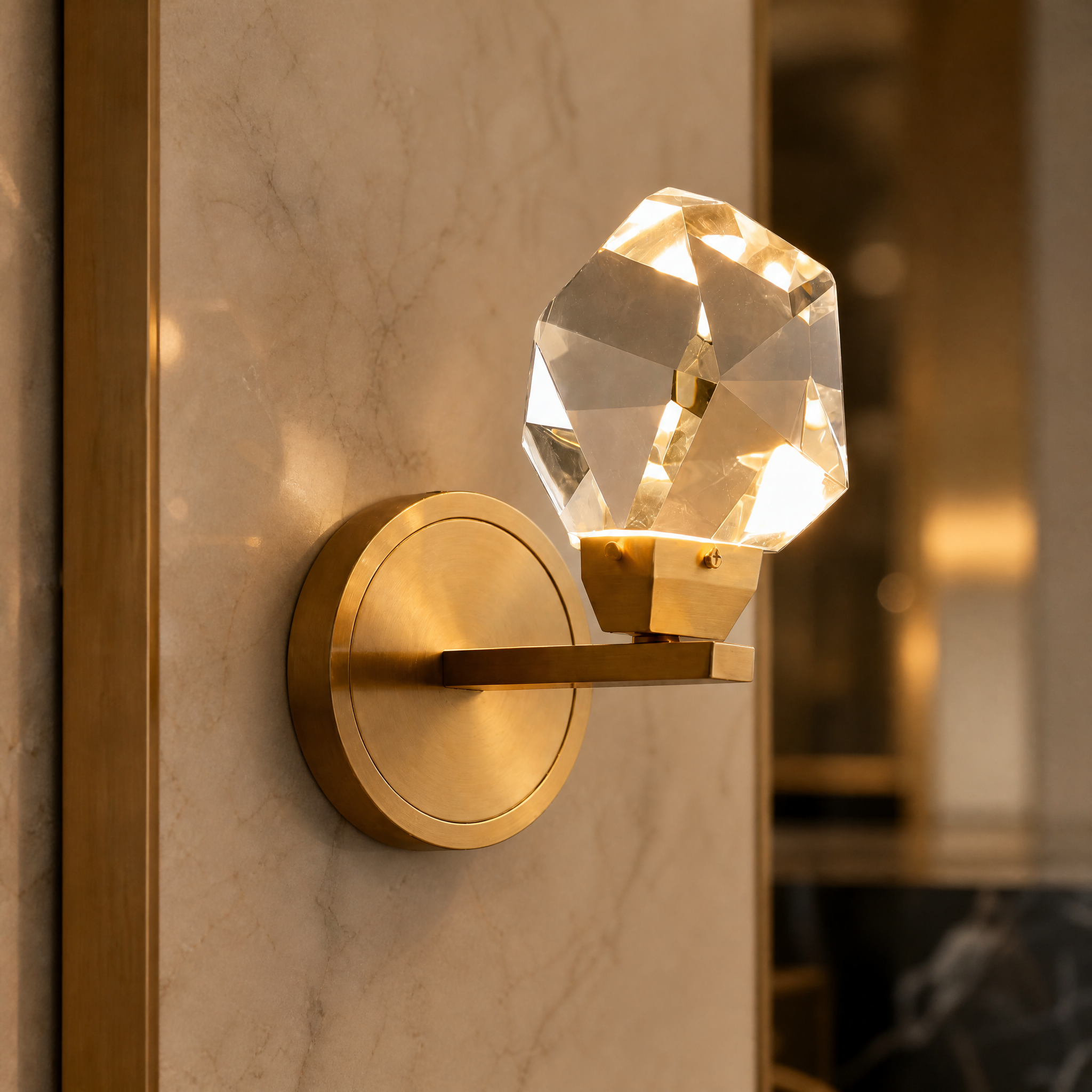Detailed closeup of the VORELLI Runtz Wall Light highlighting the intricate diamond cut crystal sphere and modern metal finish.