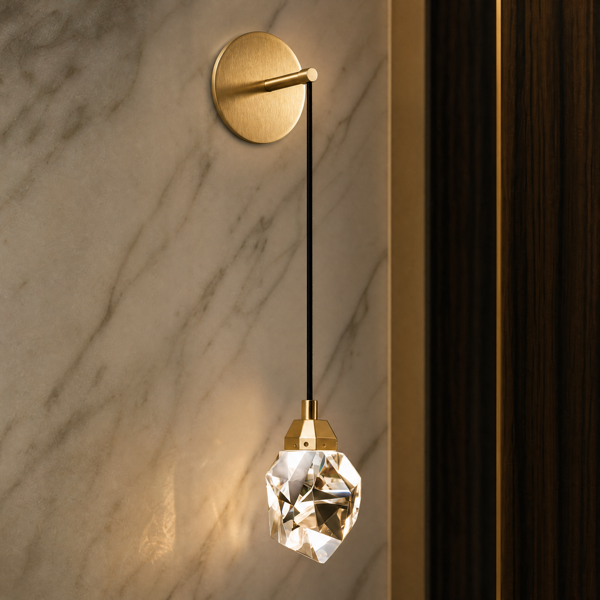 Macro closeup of the VORELLI Runtz Wall Light II showing the intricate facets of the diamond-cut crystal sphere and premium metallic hardware.