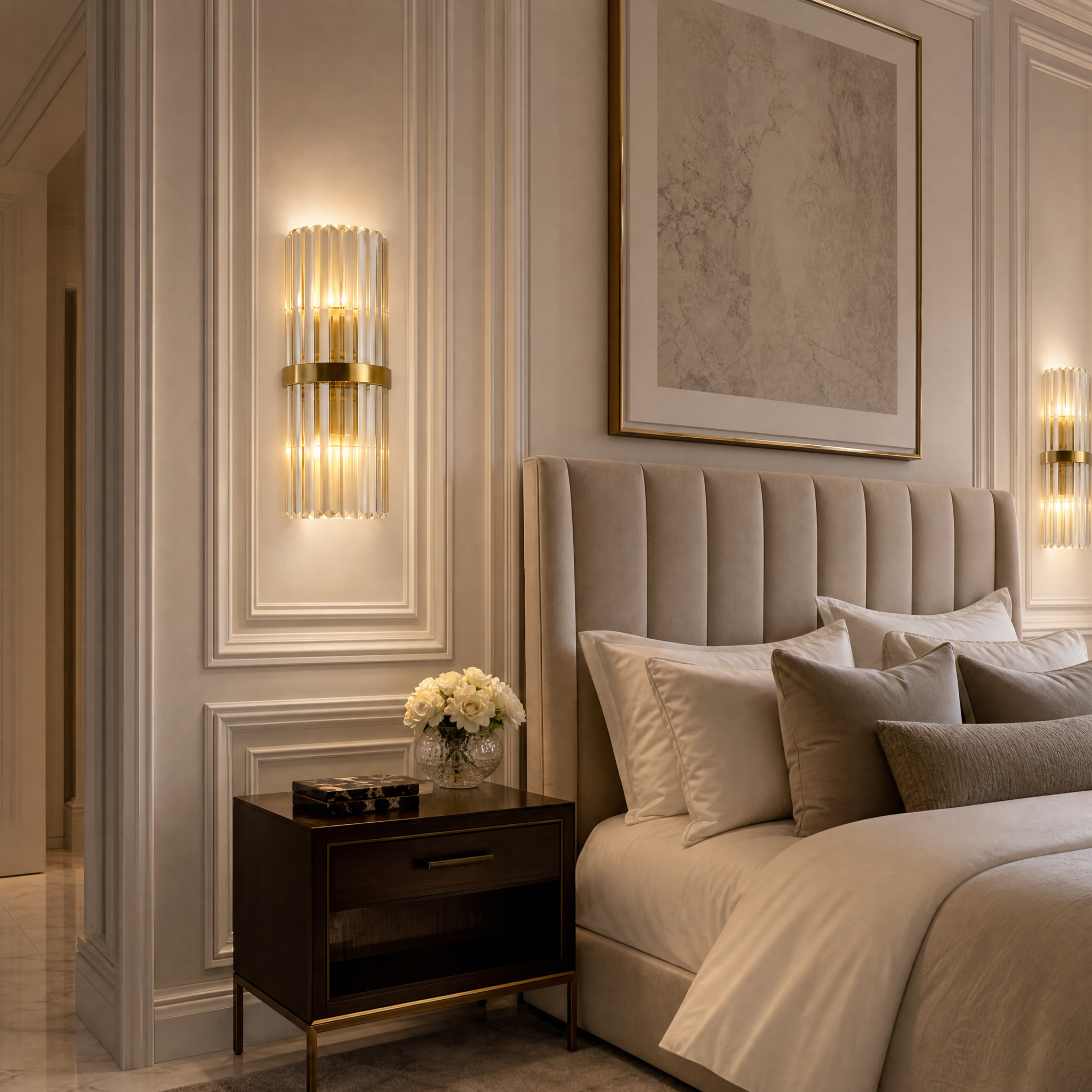 VORELLI Ruthrieston vertical crystal bar wall light illuminating an elegant, upscale residential living room interior with a warm, sophisticated glow.
