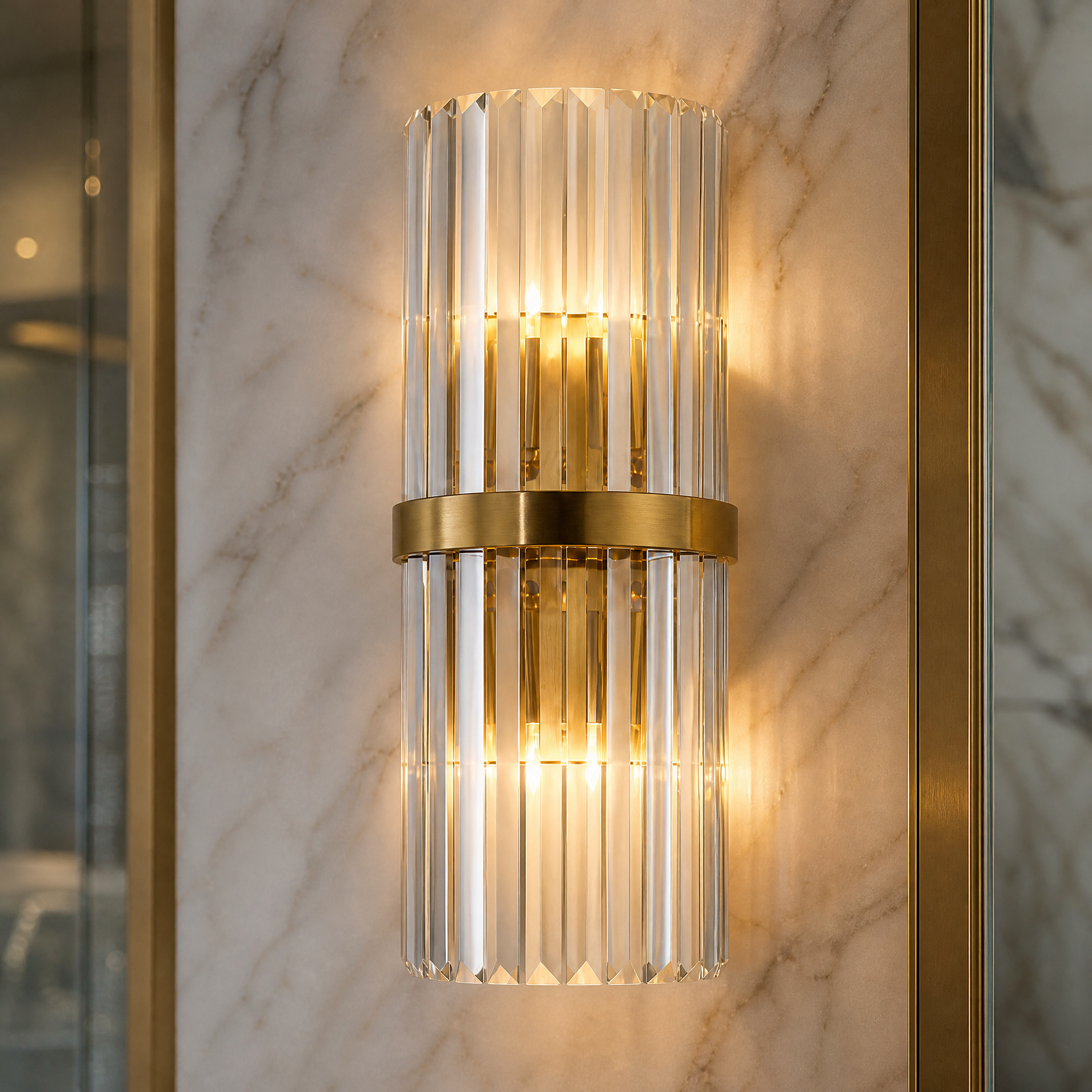 Macro close-up shot of the VORELLI Ruthrieston wall light, highlighting the intricate vertical crystal bars and high-quality craftsmanship that reflects light beautifully.