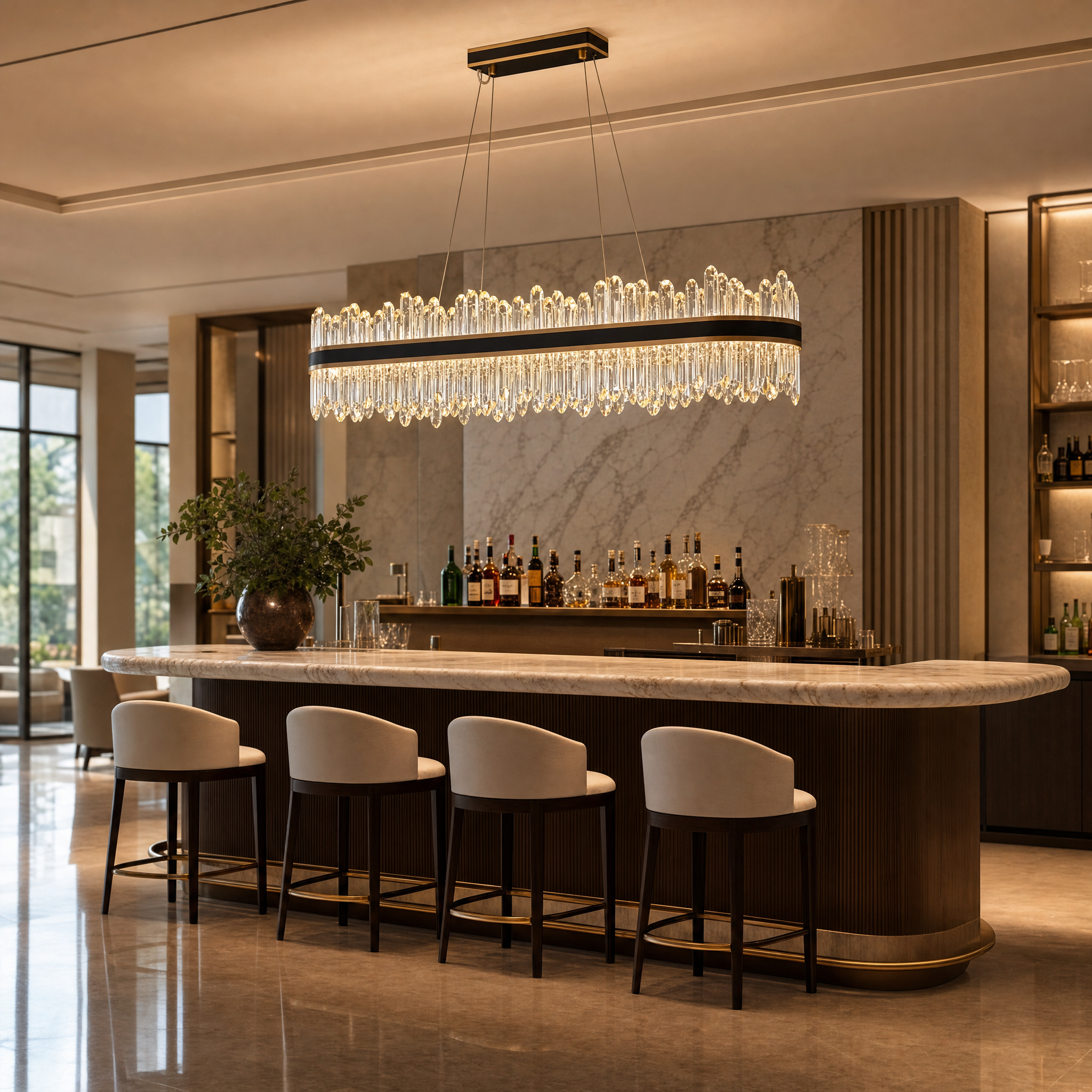 The contemporary Sagres Rectangular Chandelier elevating an upscale hospitality lobby or restaurant interior.