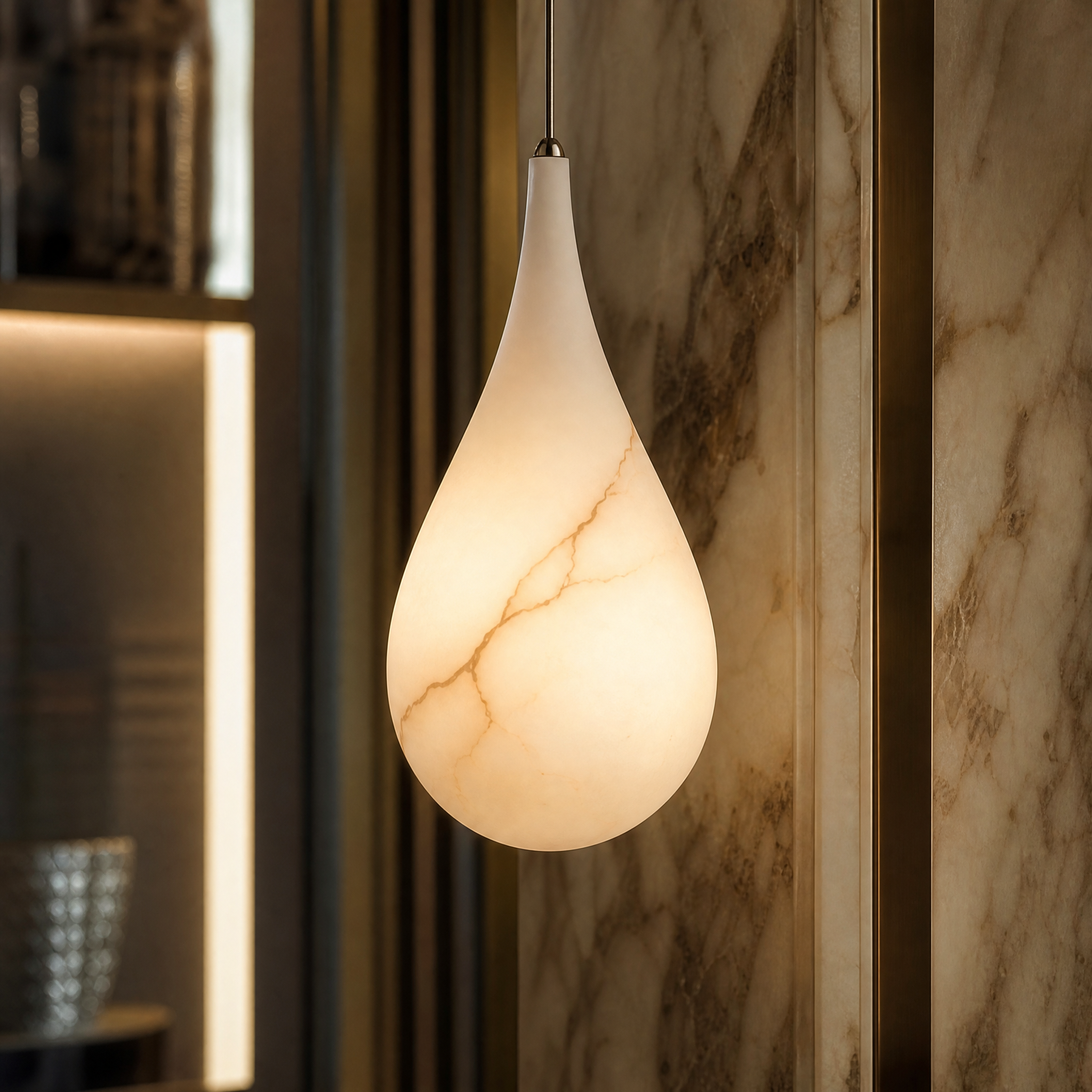 A detailed closeup of the VORELLI Sandro Marble Pendant Light highlighting its fluid teardrop silhouette and natural marble texture.