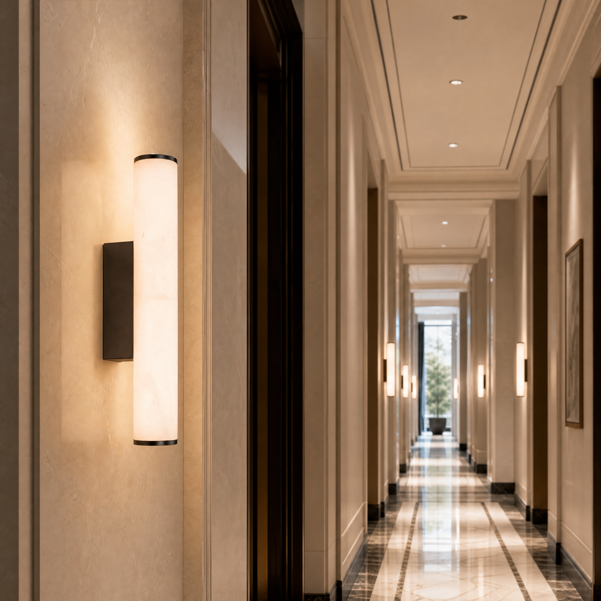 Elegant VORELLI Sarrano Alabaster IP44 Wall Lights illuminating a high-end hotel corridor, showcasing the sophisticated brass finish end caps.