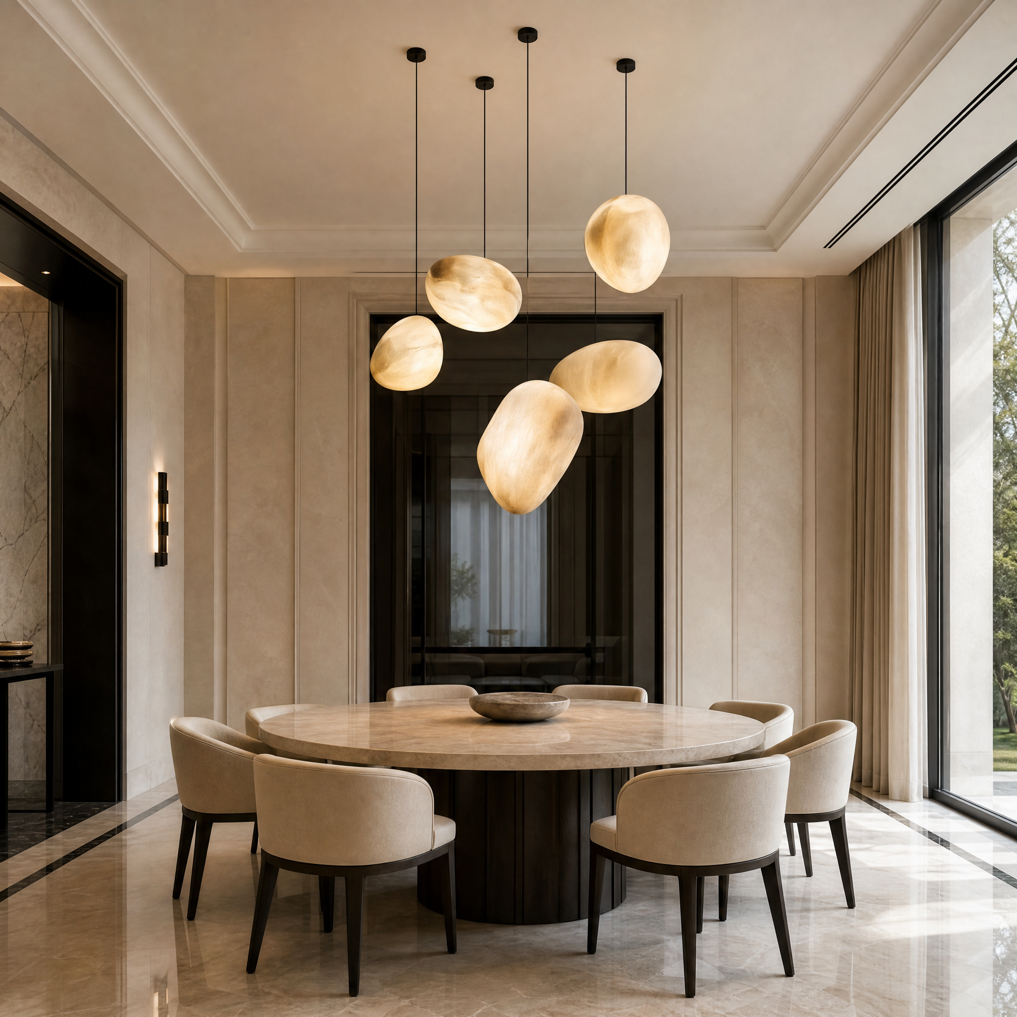 Sassi natural marble pendant light casting a warm, serene glow over a contemporary luxury residential living room setting.