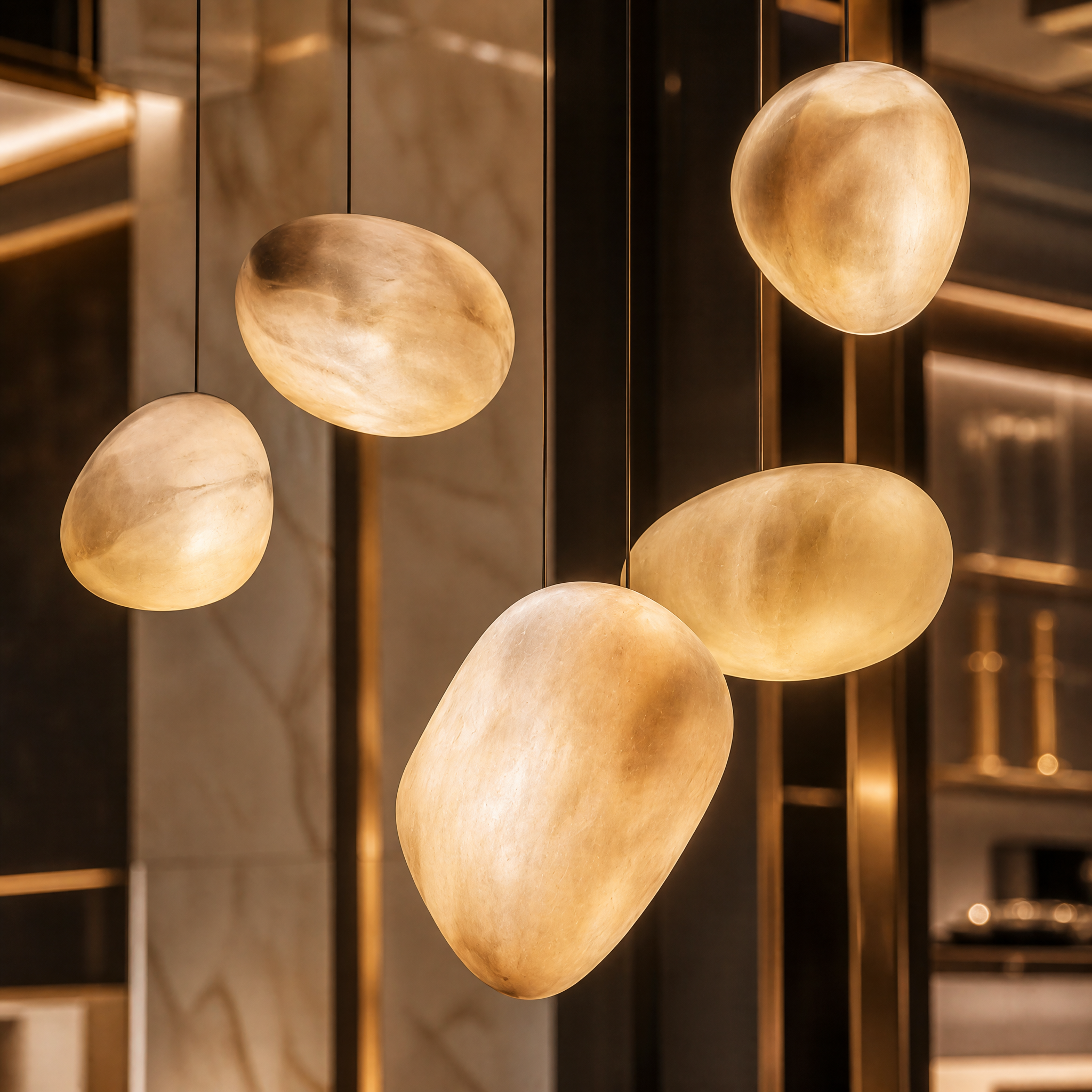 A detailed closeup of the Sassi marble pendant light highlighting the organic rhythm, unique veining, and smooth texture of the sculpted stone.