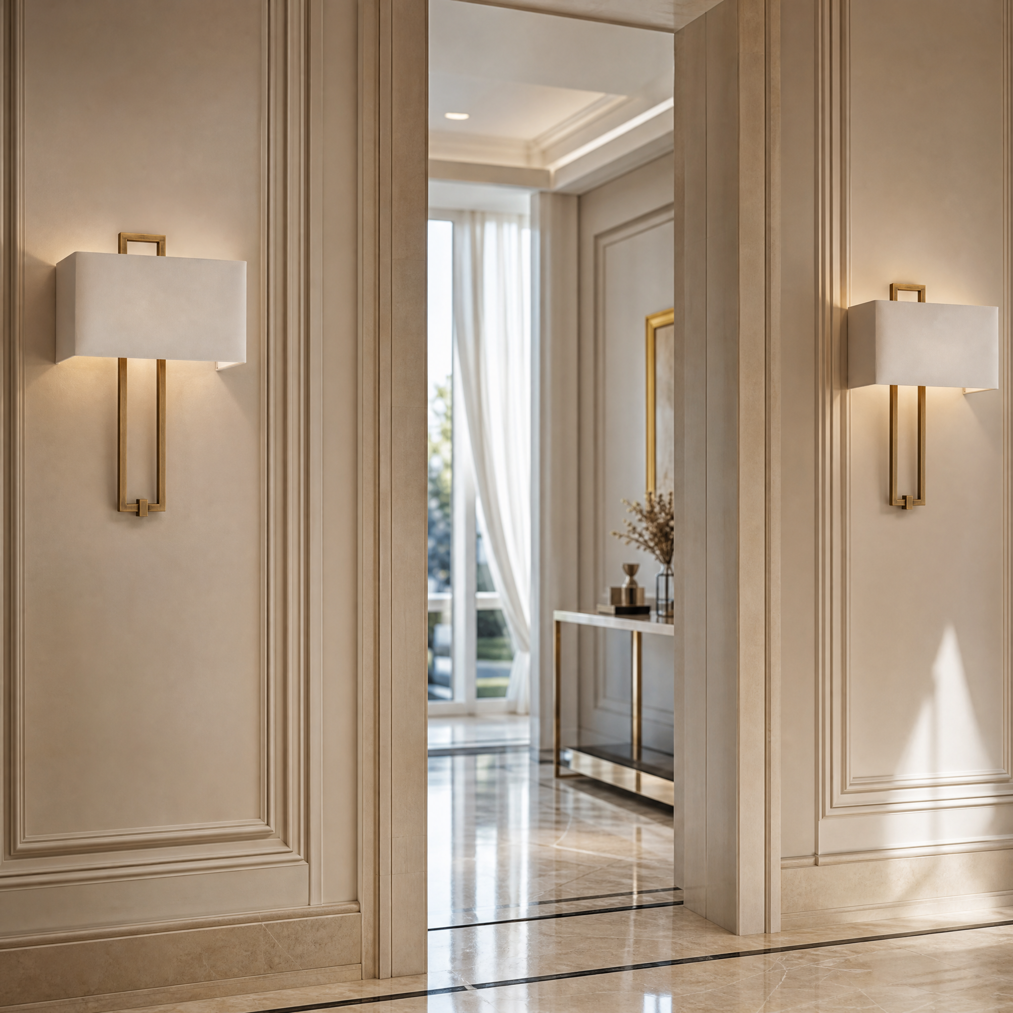 The Savona Wall Light by Vorelli illuminating a luxury residential living room, showcasing its geometric frame and fabric shade against a modern wall.