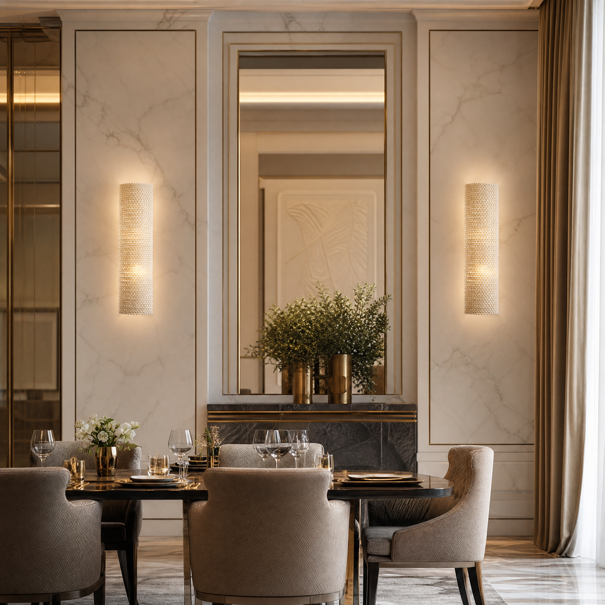 Elegant VORELLI Seminyak crystal wall sconces providing sophisticated ambient lighting in a contemporary upscale hospitality hotel lobby.