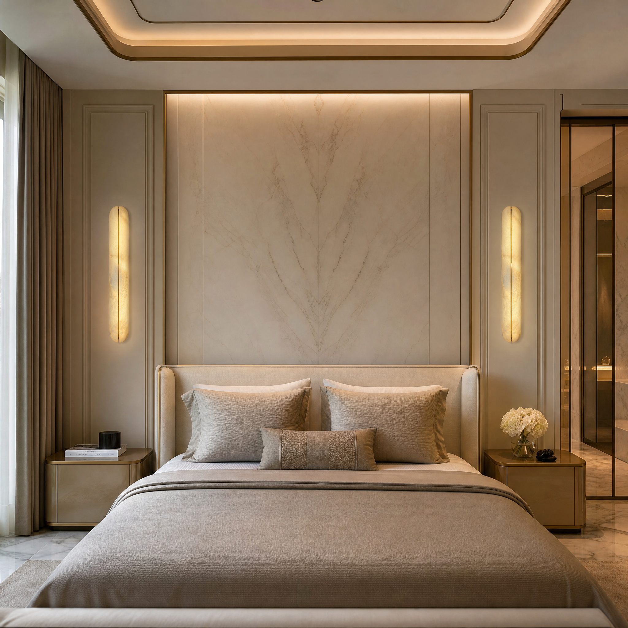 Serino Marble Wall Light by VORELLI installed in a luxury residential hallway, showcasing its contemporary design and soft ambient glow.