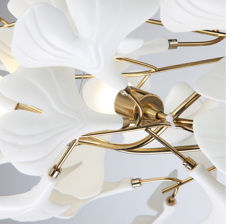 Side angle view highlighting the elegant linear forms and delicate ceramic petal craftsmanship of the VORELLI Prano luxury staircase fixture.