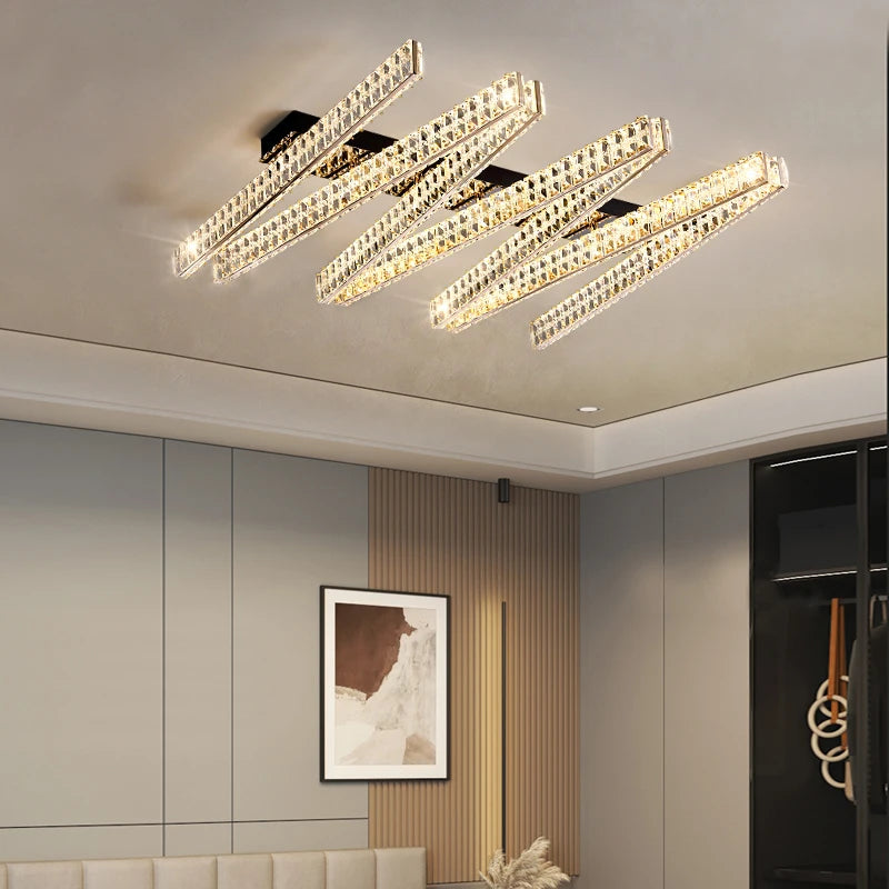 Close up of diamond cut crystal bars forming angular structure of Signature ceiling light