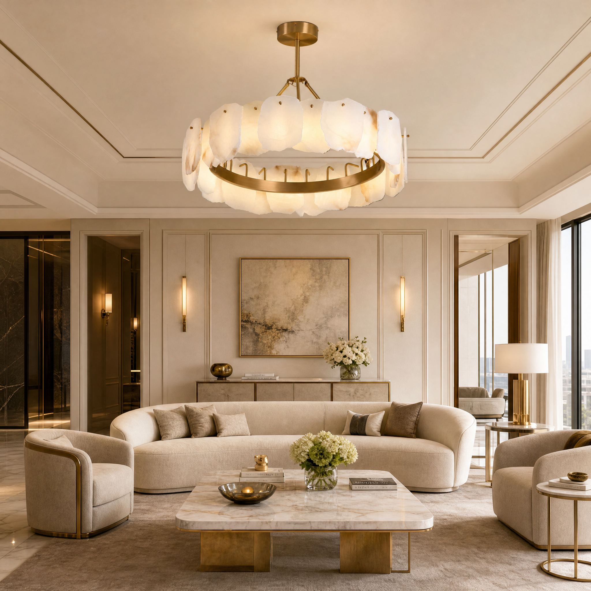 VORELLI Silvio Marble Circular Chandelier II casting a warm, elegant glow over a contemporary residential dining table set.