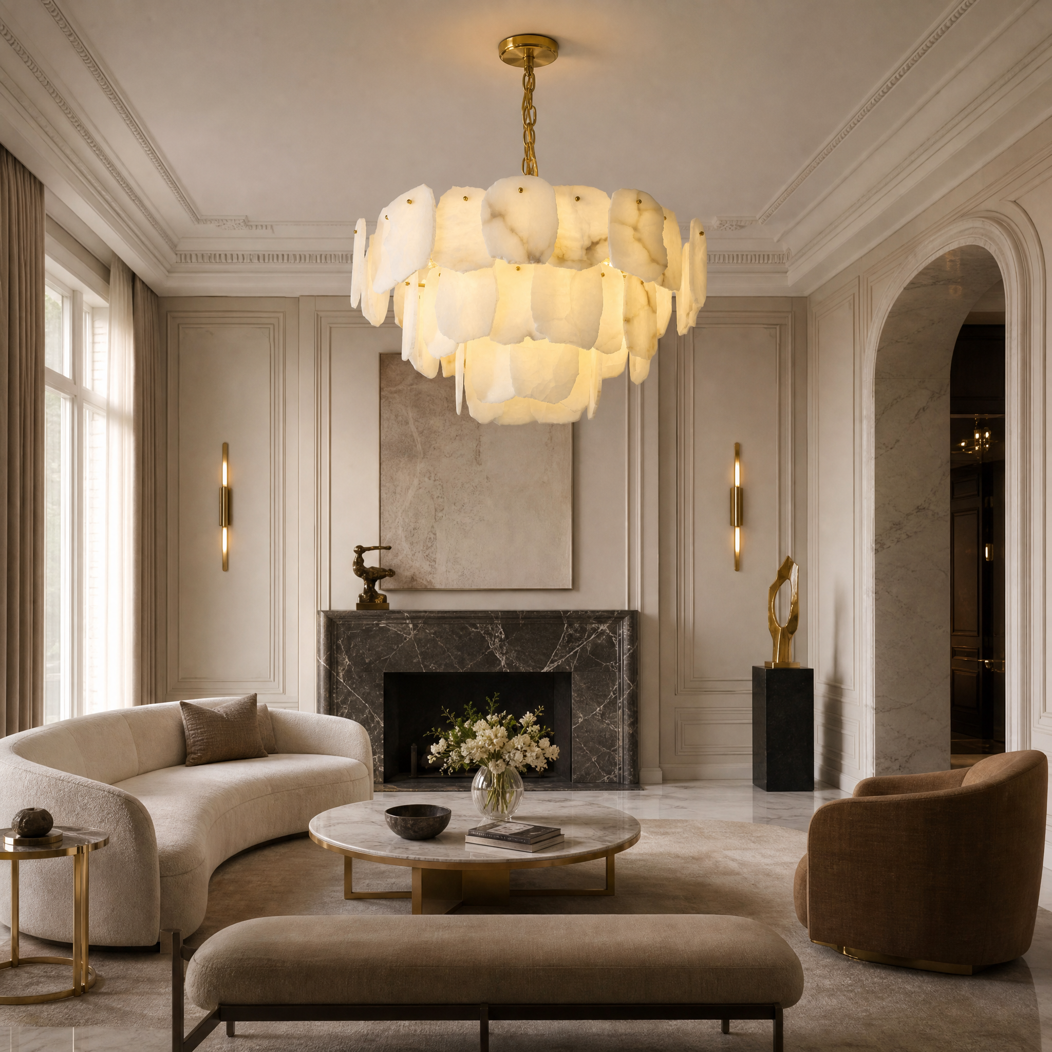 The VORELLI Silvio Marble Circular Chandelier illuminating an upscale residential living room with a warm, ambient glow from its handcrafted natural marble panels.