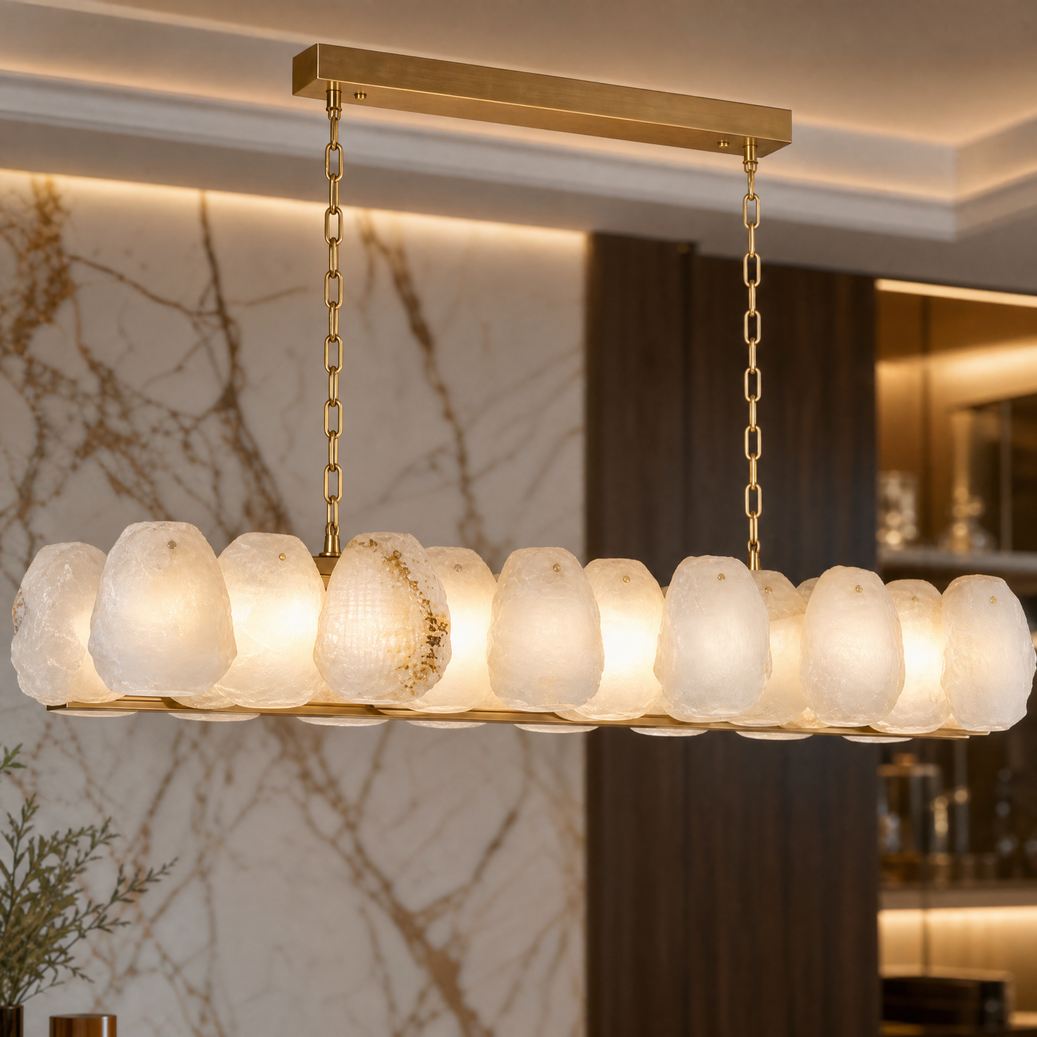 Detailed close-up showing the exquisite texture and craftsmanship of the VORELLI Silvio marble rectangular chandelier.