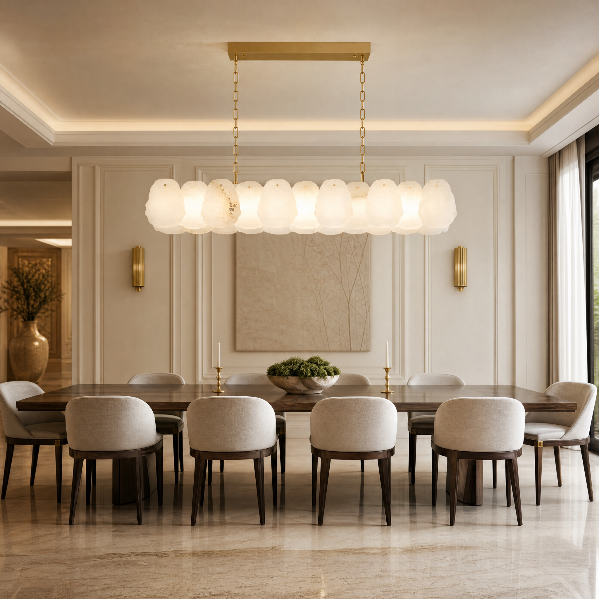 VORELLI Silvio marble rectangular chandelier illuminating a luxury contemporary residential dining room space.