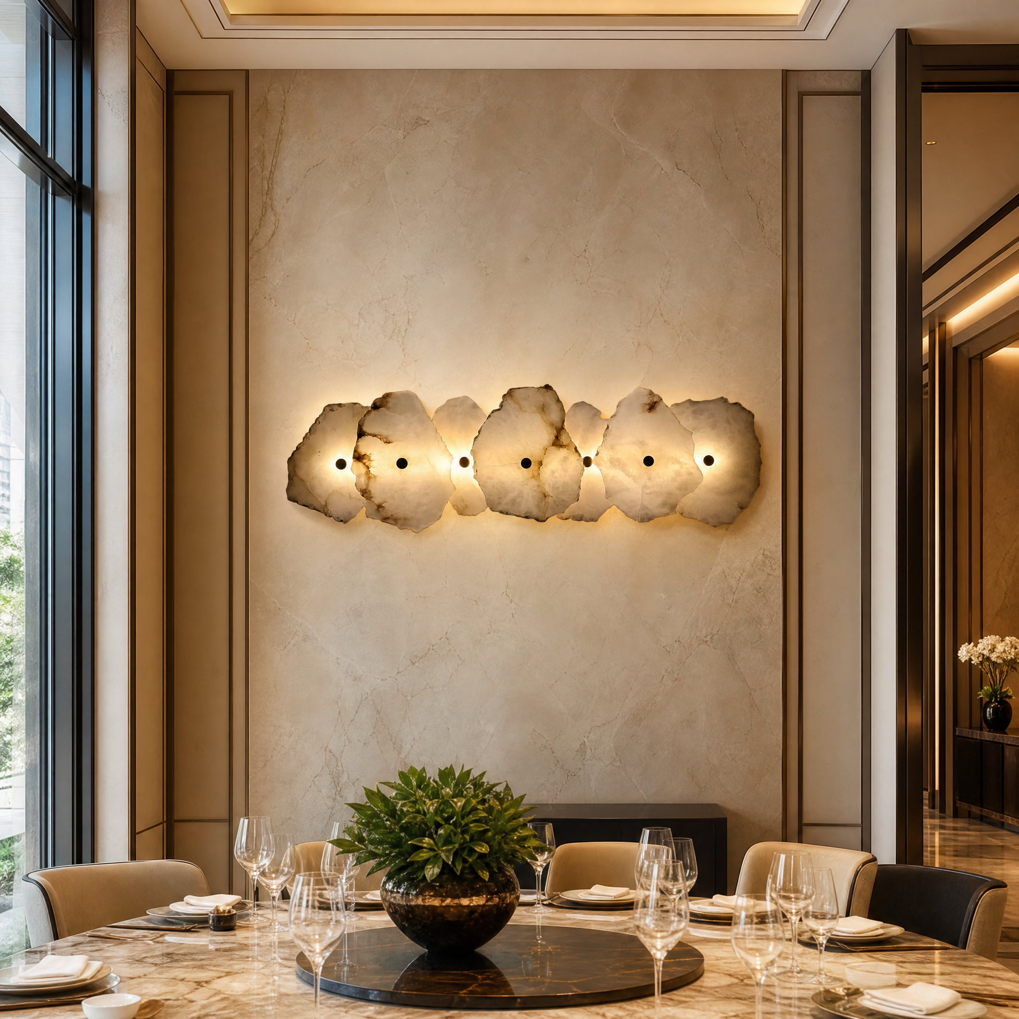 Elegant Silvio marble wall sconces installed in a high-end hospitality hotel lobby setting