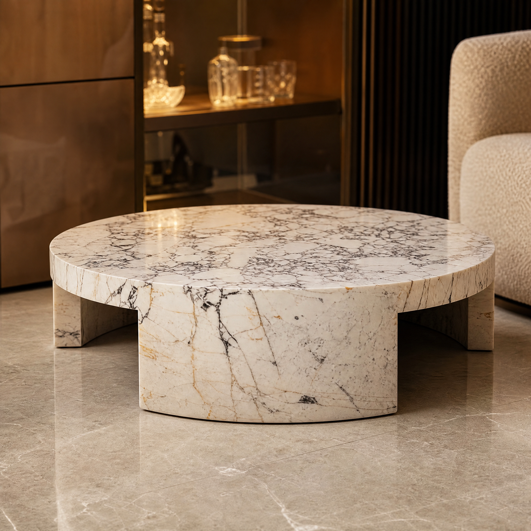 Close-up shot highlighting the unique natural veining and premium honed matt finish of the Sirena Viola marble coffee table.