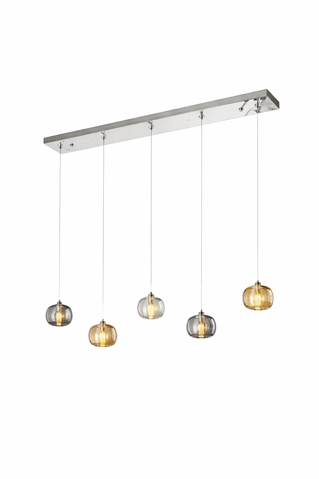 Sleek smoky grey crystal globe pendants of the Emiliano rectangular chandelier by VORELLI hanging in a sophisticated, dimly lit interior.