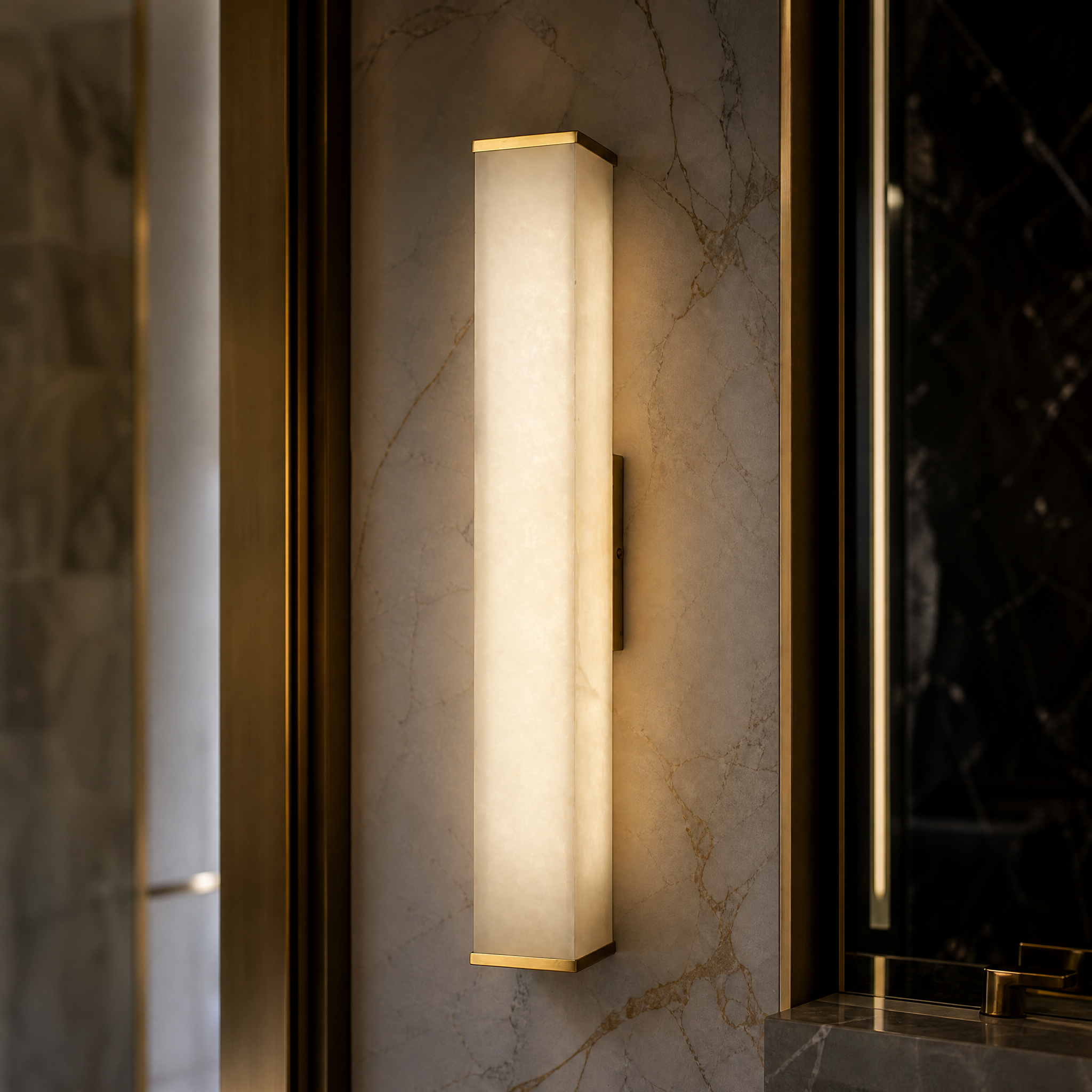 Macro closeup of the VORELLI Socrates Wall Light showcasing the smooth texture and unique veining of the premium natural marble material.