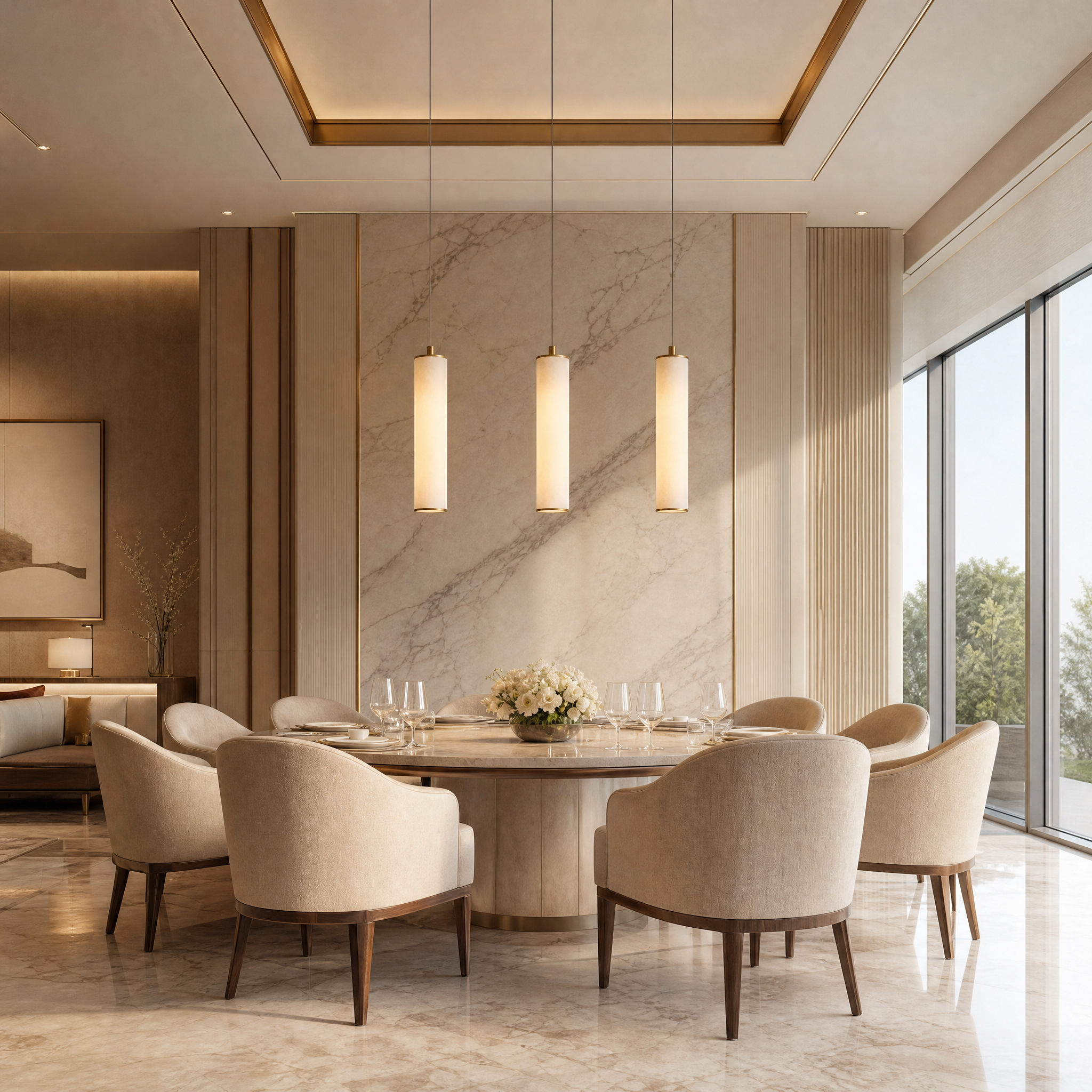 Soft warm illumination diffusing from the natural marble texture of the Alvara pendant light, perfect for intimate interior moods.