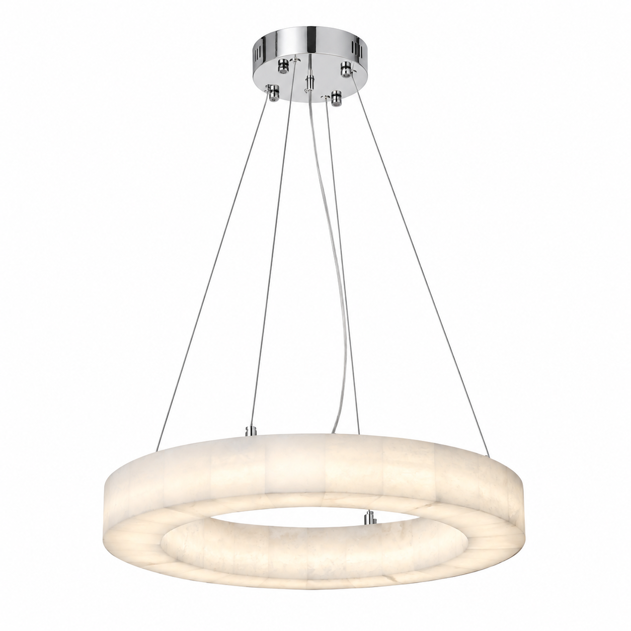 Softly veined white marble textures highlighted by warm light emitting from the luxury VORELLI Halo Chandelier.