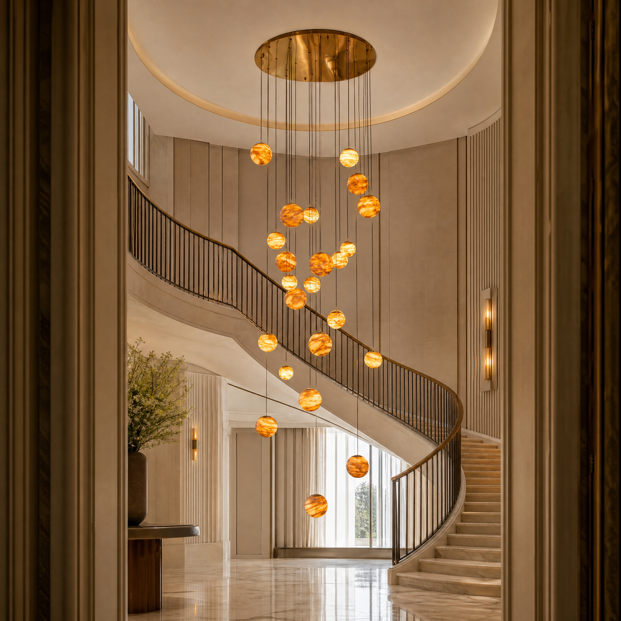 VORELLI Solara contemporary marble chandelier creating a stunning focal point in an upscale grand hotel lobby.