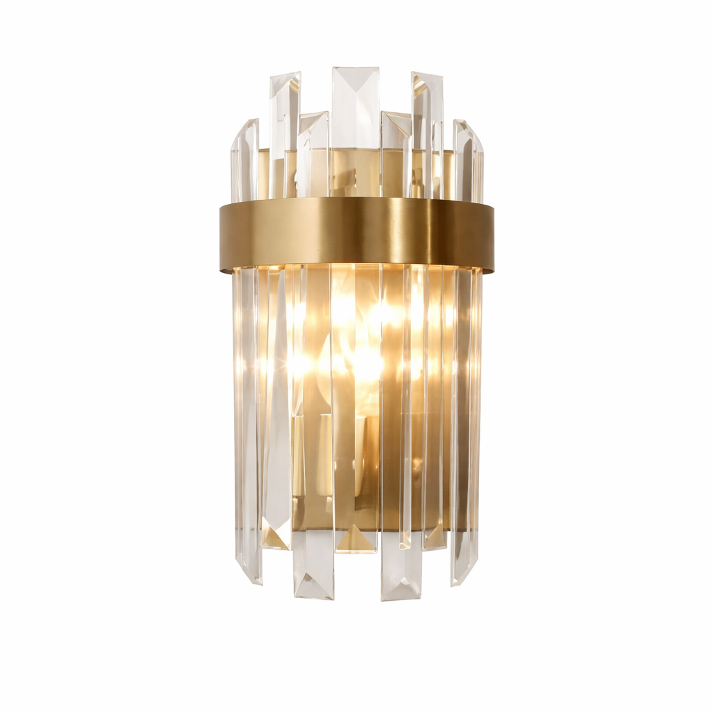 Sophisticated ambiance created by the VORELLI Williston wall light, accentuating the clean lines of its modern stainless steel frame and shimmering crystal elements.