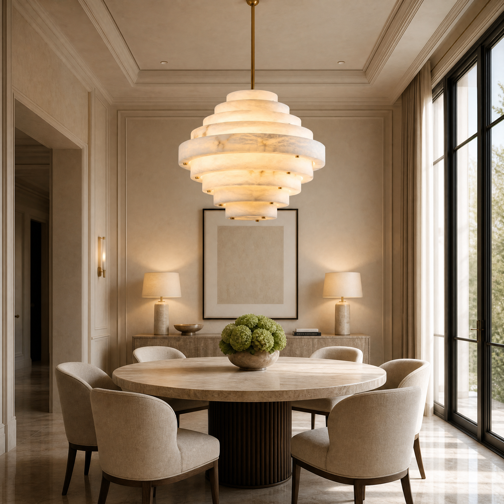Sophisticated ambiance created by the warm, atmospheric glow of the VORELLI Beehive Chandelier accentuating a luxurious interior design project.