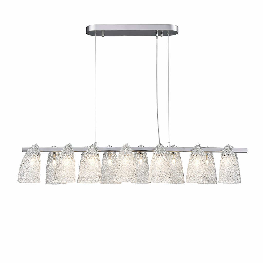 Sophisticated ambient lighting mood cast from the textured glass of the VORELLI Munz rectangular chandelier.