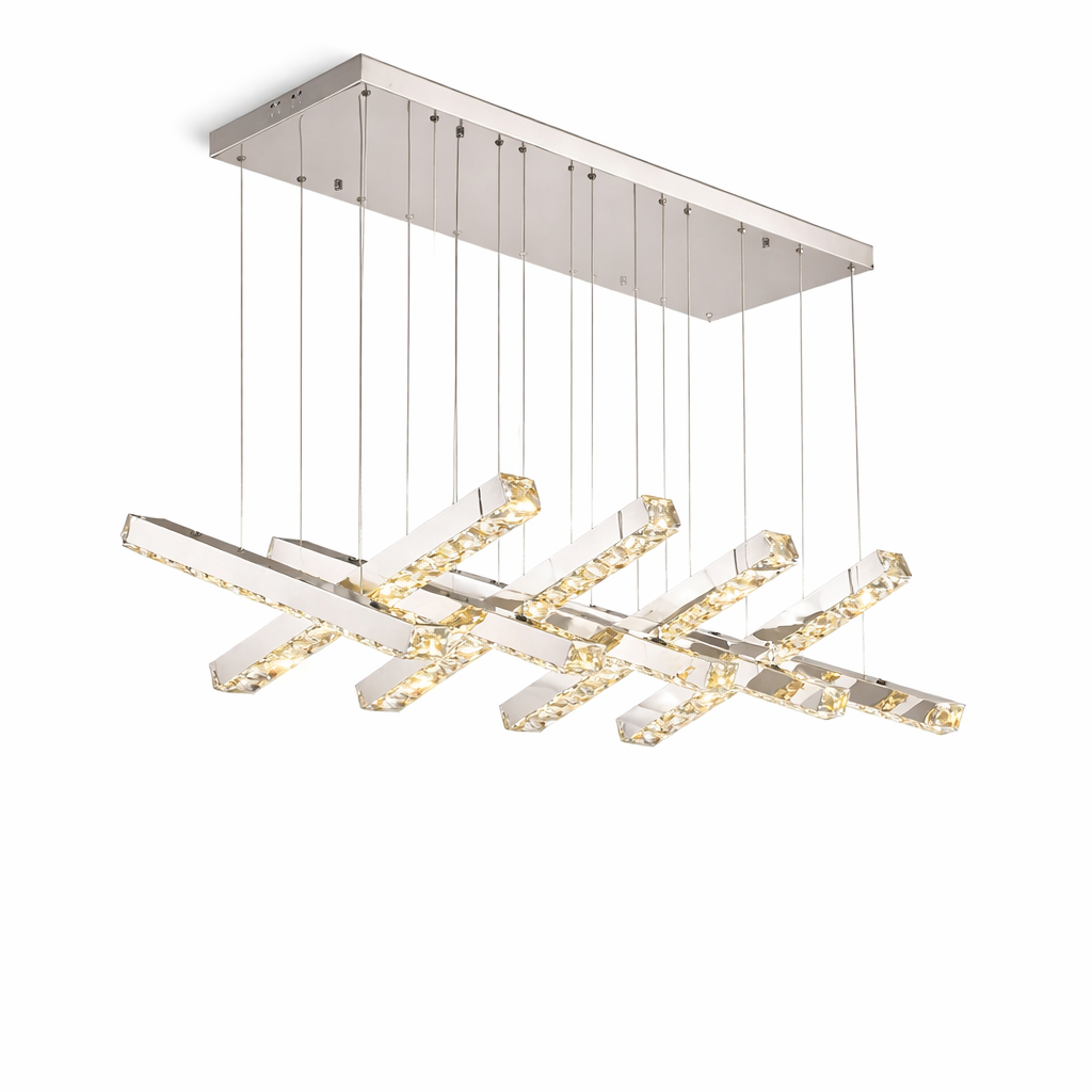 Sophisticated ambient mood lighting reflecting through the layered crystal geometric bars of the Positano Rectangular Chandelier.