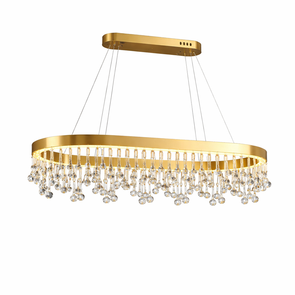 Sophisticated and quirky design detail of the VORELLI Mancini chandelier showcasing the interaction of light through decorative crystal droplets.
