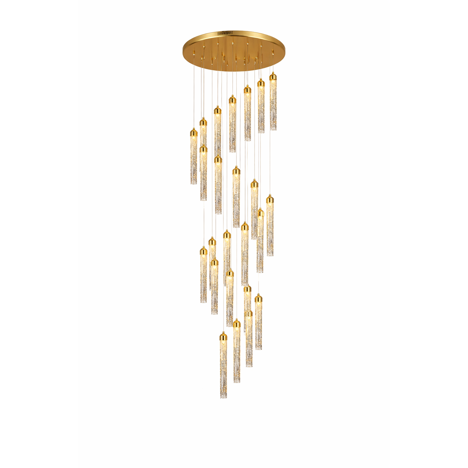 Sophisticated modern ambiance highlighted by the cascading spiral silhouette of the VORELLI Cobham crystal staircase chandelier.