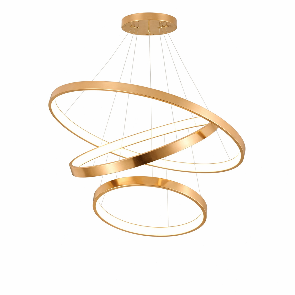Sophisticated mood lighting from the VORELLI Veneto circular chandelier, highlighting the refined, contemporary ambiance of a modern space.
