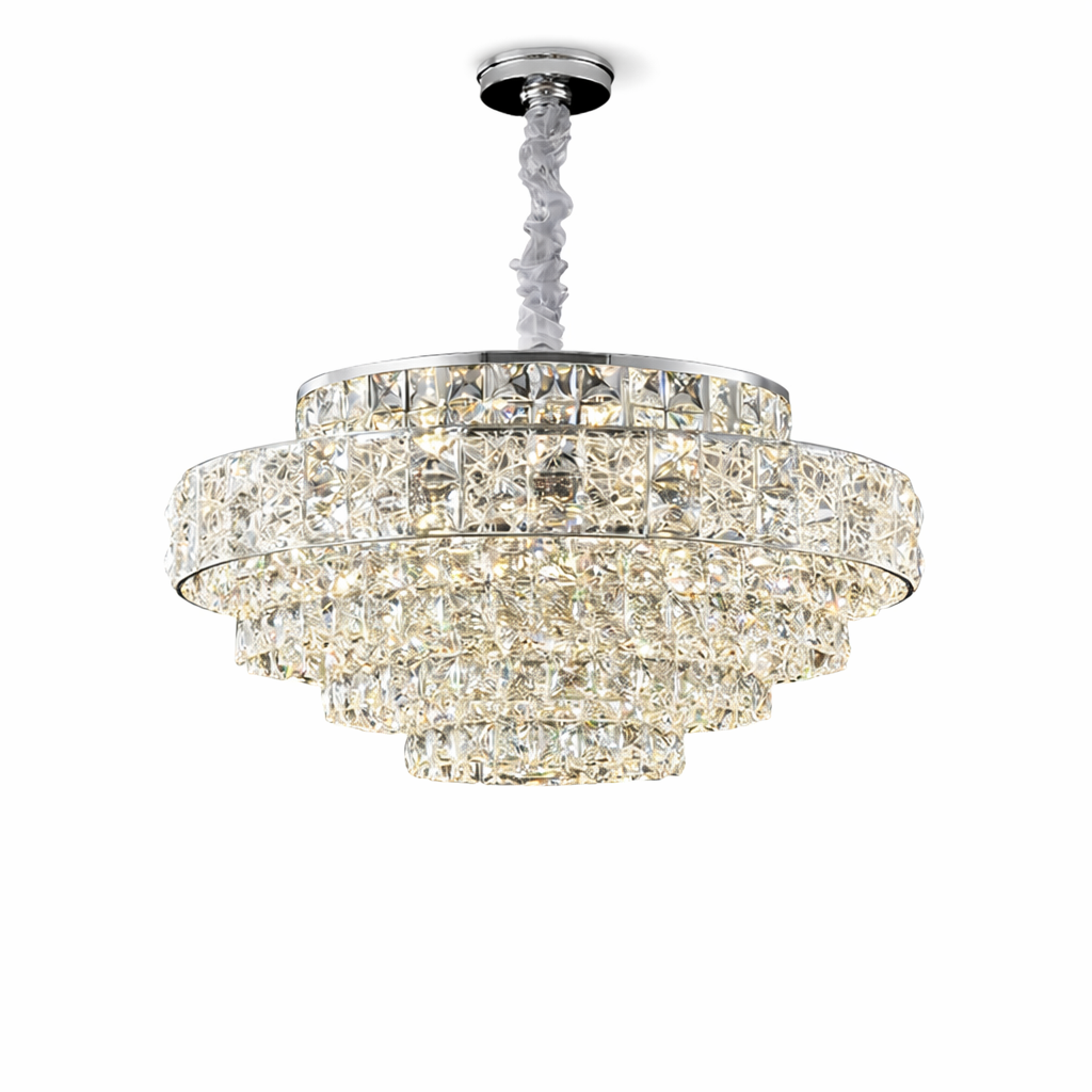 Sophisticated mood lighting reflecting through the intricate tiered crystal layers of the Stefano Circular Chandelier.